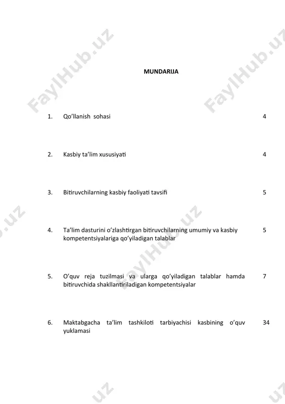 iloti va “mehribonlik uyi” “bolalar shaharchalari”, “go’daklar uyi”da, olti yoshdan yetti yoshgacha bo‘lgan bolalarni boshlang‘ich ta’limga bir yillik majburiy tayyorlash buyicha kasbiy faoliyat bilan shug’ullanadi. 3.1. bitiruvchining kasbiy faoliyat obyektlari: 3.1.1. tarbiyachi kvalifikatsiyasi bo`yicha: maktabgacha ta’limga oid meyoriy-huquqiy hujjatlar, bolalar, ta’limiy jarayonning mavzuviy rejasi, o’yinli ta’lim jarayoni, umumiy guruh faoliyati, rivojlantiruvchi muhit, rivojlanish markazlari, guruh xonasi, yotoqxona va yuvinish xonalari, o’yinchoqlar yig’masi, ta’limiy tarbiyaviy jarayonni tashkil etish uchun didaktik va аkt vositalari, mebellar va jihozlar, o’yin maydonchalari, sport maydonchasi, har bir guruhga tegishli yer maydonchasi. 3.2. 40110102- maktabgacha ta’lim tashkilotlarida tarbiyachi kasbi bo’yicha ta’lim oluvchi qo’yidagi faoliyat turlariga tayyorlanadi: 3.2.1 tarbiyachi kvalifikatsiyasi bo`yicha: kasbga doir hujjatlarni amaliyotda qo’llaydi. mtt guruhlarida ta’lim-tarbiyaviy jarayonni davlat hujjatlari asosida rejalashtiradi va tashkil etadi. bolalar sog’lig’ini muhofaza qiladi, sog’lomlashtirish ishlarinin olib boradi tarbiyalanuvchilar ota-onalari (qonuniy vasiylari) bilan hamkorlik ishlarini olib boradi. 4. ta’lim dasturini o`zlashtirgan bitiruvchining umumiy va kasbiy kompetentsiyalariga qo`yiladigan talablar 4.1. maktabgacha ta’lim …