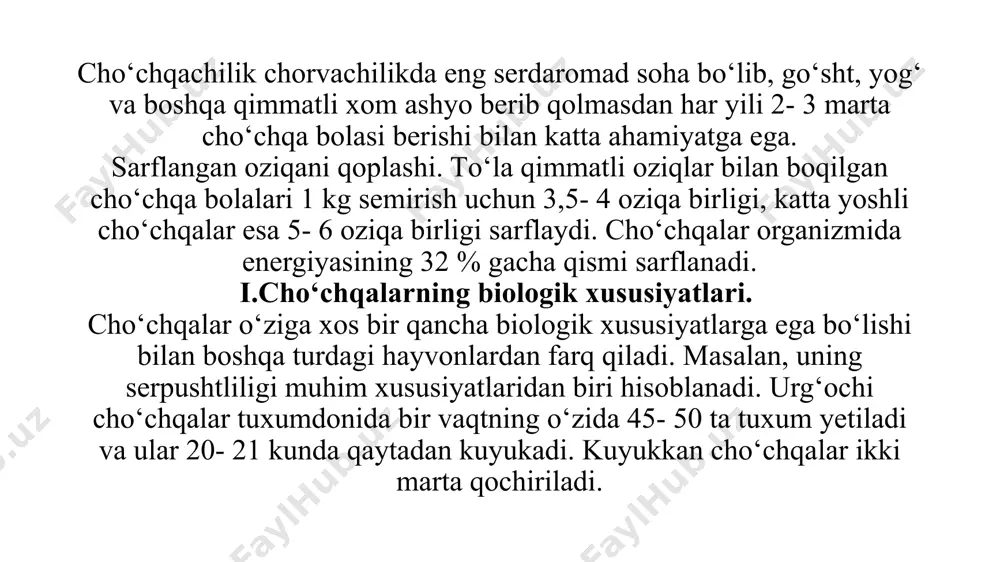 ‘chqa urug‘lantiriladi. erkak cho‘chqadan yil davomida asosan naslchilik uchun ishlatiladigan 500 tadan ortiq cho‘chqa bolasi yetishtirish mumkin. iii. cho‘chqalarni bo‘rdoqiga boqish turlari. cho‘chqalar go‘sht va yog‘ kondinsiyalarigacha semirtiriladi. asosan yosh cho‘chqalar go‘sht va qisman bekonbop kondinsiyasigacha semirtiriladi. semirtirishning bu usulida cho‘chqaxonalardan foydalanish samaradorligi ortadi. 1 kg qo‘shimcha vazn hisobiga kam oziqa sarflanadi, mahsulot tannarxi arzonlashadi va aholi ko‘p talab qiladigan yog‘i kam go‘sht olinadi. go‘sht uchun boqish: 3,5- 4 oylik cho‘chqa bolalari go‘sht uchun jadal boqilib, tirik vazni 100- 120 kg ga yetganda ya’ni 6- 8 oyligida go‘shtga topshiriladi. go‘sht- yog‘ uchun boqiladigan cho‘chqalar. bunday cho‘chqalar yog‘ uchun va go‘sht uchun alohida boqiladigan cho‘chqalar tipi oralig‘ida bo‘ladi. bunday tipdagi cho‘chqalar tegishli to‘la qimmatli oziqalar bilan jadal boqib, yoshligida so‘yilganda ulardan oliy nav bekon tayyorlash mumkin bo‘lgan mayin go‘sht olinadi. podadan yaroqsiz deb chiqarilganlarini bo‘rdoqiga boqib, ulardan teri osti yog‘ qatlami qalin bo‘lgan yog‘li go‘sht olinadi. iv. cho‘chqachilikning asosiy yo‘nalishlari va …