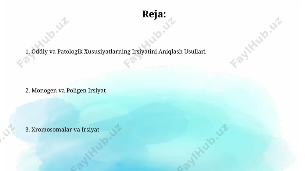 -onada ham avtosomal dominant alel mavjud bo'lsa, bolaning kasal bo'lish ehtimoli 75% ga yetadi, chunki faqat ikkala ota-onadan ham sog'lom alel meros bo'lsagina sog'lom bo'ladi. epistasis ba'zi epistatik ta'sirlar, masalan, komplementatsiya, ikki mutatsiya genining birgalikda faoliyatini tiklashda, 15:1 nisbatini keltirib chiqarishi mumkin. epistasis, ikki yoki undan ortiq genning o'zaro ta'siri natijasida fenotipning o'zgarishiga olib keladi, masalan, 9:3:4 nisbatida kuzatiladigan albinizm holatlarida. mitoxondrial irsiyat mitoxondrial irsiyat, yadro irsiyatidan farqli o'laroq, heteroplazmiya deb ataladigan hodisani o'z ichiga oladi, bu erda shikastlangan va sog'lom mitoxondrial dnk hujayralarda bir vaqtning o'zida mavjud bo'ladi, bu kasallikning og'irligini aniqlaydi. mitoxondrial kasalliklar, masalan, melas yoki merrf sindromlari, mitoxondrial dnkdagi mutatsiyalar natijasida kelib chiqadi va ona chizig'i bo'yicha meros qoladi, ta'sirlangan ona bolalarining 100% ga yaqiniga o'tishi mumkin. autosomal retsessiv irsiyat autosomal retsessiv kasalliklar, masalan, fenilketonuriya yoki kistik fibroz kabi, populyatsiyada nisbatan kam uchraydi, chunki ikkita mutatsiyaga uchragan allelga ega bo'lish ehtimoli past. autosomal retsessiv irsiyatda, ikkala ota-onadan …