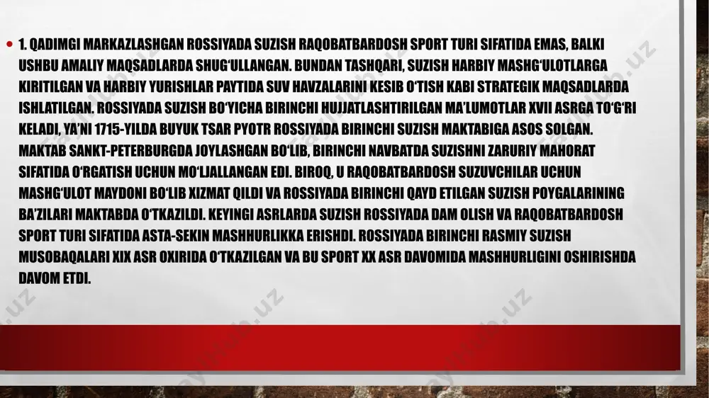 0 va 100 metrga erkin usulda suzish bo'yicha jahon rekordini o'rnatdi. popovga 1992 yilgi barselonadagi olimpiada o'yinlarida jahon shuhrati keldi, u erda u 50 va 100 metrga erkin usulda suzishda oltin medalni qo'lga kiritdi, erkin va kombinatsiyalangan estafetalarda kumush medal sohibiga aylandi. 1996 yilgi olimpiya o'yinlarida atlantada aleksandr oltin medallar sonini ikki baravar oshirdi. 1997 yil yozi sportchi ispaniyaning sevilya shahrida bo'lib o'tgan yevropa chempionatida g'olib chiqdi. 1998 yilgi jahon chempionatida avstraliyada u yana 100 metrga suzishda birinchi o'rinni egalladi. 29 yoshida sportchi sidneydagi uchinchi olimpiadada qatnashdi. mana u kumushni oldi. galina prozumenshchikova 1964 yilgi olimpiya o'yinlarida tokioda sssr terma jamoasi murabbiylari asosiy umidlarini tajribali suzuvchi svetlana babaninaga bog'lashdi. darhaqiqat, dastlabki musobaqalarda galina faqat to'rtinchi natijani ko'rsatdi. biroq, keyin u tashvishlanishni to'xtatdi va hal qiluvchi suzishda g'alaba qozondi - u sovet suzuvchilari orasida birinchi bo'lib olimpiya oltin medalini qo'lga kiritdi. 30-yillarda. xx asr engil sho'ng'in uskunalari bilan haqiqiy inqilob amalga …