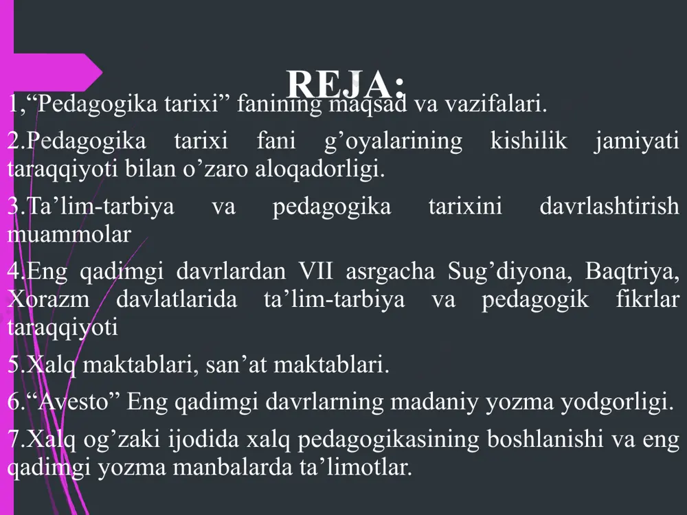 dan to hozirgi kungacha tarbiya, maktab va pedagogik fikrlarning rivojlanish jarayoni. “pedagogika tarixi” ning vazifalari: 1) milliy o’z-o’zini anglash, kasbiy rivojlanish bilan bog’liqlikda umumiy va pedagogik madaniyatni shakllantirish; 2) pedagogik fikrlar rivojini tahlil etish va tizimlashtirish; pedagogik g’oyalarni tahlil etish asosida ularni o’quv-tarbiya jarayoniga tatbiq etish. pedagogika tarixini o’rganish manbalari: 1) arxeologik yodgorliklar; 2) qo’lyozmalar; 3) xalq og’zaki ijodi; 4) adabiy yodgorliklar; 5) hujjatlar; 6) badiiy adabiyot; 7) memuarlar; 8) sharq va g’arb mutafakkirlarining asarlari. энг қадимги маданий бойликларимизни ўрганишда уч асосий манба. халқ оғзаки ижоди материаллари. буюк адиблар, алломаларнинг ижодий мероси. архелогик қазилмалар натижасида топилган ашёлар. pedagogika tarixini davrlashtirish: ибтидоий жамият даврида бола ўзи уддалай оладиган фаолиятга бевосита қўшилиб, у хаёт кечириш ва мехнат қилишга ўрганган. ўғил болалар эркаклар билан бажариладиган ов қилиш, қурол ясаш каби ишларни бажарса, қизлар аёллар мехнати билан танишар эди. бола маълум тайёргарликдан сўнг синовлардан ўтиб, кейин амалий фаолиятда иштирок эта бошлайди. уруғчилик жамоаси босқичида …