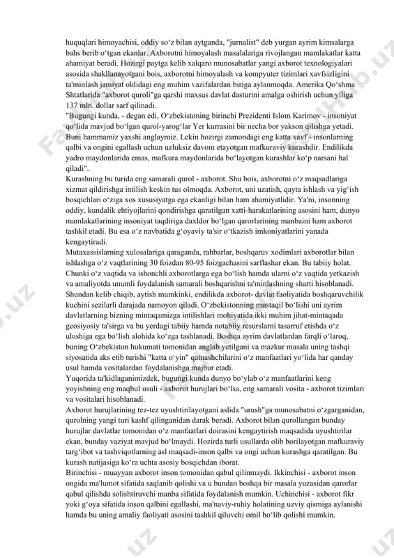 m, diniy ekstremizm va fundamentalizm, narkobiznes, noqonuniy qurol savdosi, separatizm vujudga kelishi kuzatiladi. mazkur tahdidlar esa zamonaviy xalqaro munosabatlar tizimidagi globallashuv va integratsiyalashuv natijasida kundan-kunga milliy, mintaqaviy va xalqaro xavfsizlikka xavf solmoqda. so‘nggi davrlarga kelib, geosiyosiy vaziyatning o‘zgarishi hamda raqobat kuchayishi natijasida yuqorida ko‘rsatilgan omillardan tashqari, ilgari kuzatilmagan tahdidlar yuzaga kela boshladi. ayrim g‘arb davlatlari tomonidan o‘z milliy manfaatlarini kengaytirishda "demokratiya eksporti" "ikkilamchi me'yor" siyosiy va "axborot huruji" kabi asosiy vositaga aylanmoqda. globallashuv jarayonini bevosita axborot bilan bog‘liq ekanligini tushinish qiyin emas, albatta. mutaxassislarning fikricha, hozirda axborot iqtisodiyotning eng serdaromad manbaiga aylanib bormoqda. aqsh strategik tadqiqotlar institutining ma'lumotlariga ko‘ra, axborot mahsulotiga sarflangan har bir dollar, yoqilg‘i-energetika sohasiga sarmoya qilingan 1 dollardan ko‘ra bir necha barobar ko‘p foyda berar ekan. bu faqat uning iqtisodiy jihati, uning siyosiy jihati esa o‘z shaxsiy manfaatlariga o‘ta arzon, o‘ta qulay yo‘llar bilan erishish sifatida qaralmoqda. shu nuqtai nazardan bugungi kunda axborot omili ham siyosiy, ham …
