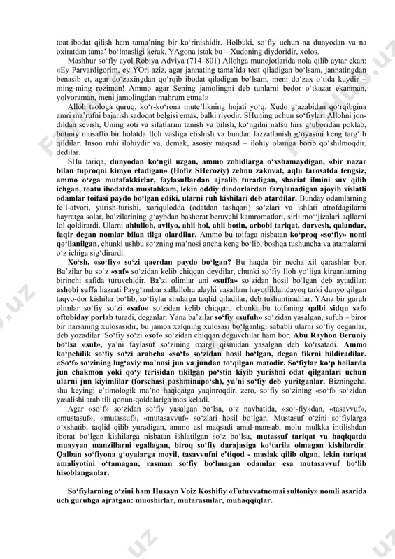egallay boshladi. bu hol diniy amrlarni ado etishni har qanday dunyoviy ishlar, boyliklardan ustun qo‘ygan e’tiqodli kishilarning noroziligiga sabab bo‘ldi. ular orasida hadis to‘plovchi muhaddislar, ilgaridan qashshoq bo‘lib, uy-joy, mol-mulkka e’tibor qilmagan sahobalar ham bor edi. bularning bir qismi dinni himoya qilib, ochiq kurashga otlangan bo‘lsalar, ikkinchi qismi esa, qanoat va zuhdni («zuhd» so‘zidan «zohid» so‘zi kelib chiqqan) asosiy maqsad qilib olib, saroy ahli va sarvatdorlar, boylar axloqiga qarshi norozilik belgisi sifatida tarkidunyochilik g‘oyasini targ‘ib etib, ijtimoiy faoliyatdan butunlay chetlashganlar, surunkali toat-ibodat bilan shug‘ullanganlar. kufa, bag‘dod, basra shaharlarida tarkidunyo qilgan zohidlar ko‘p edi, aytish kerakki, ularning obro‘-e’tibori ham xalq orasida katta bo‘lgan. chunonchi, uvays qaraniy (vii asr), hasan basriy (642–728) kabi yirik so‘fiylar aslida zohid kishilar edilar, shuning uchun bu zotlarning nomi shayxlar va so‘fiylar haqidagi tazkiralarda zohid sifatida tilga olinadi, ba’zi mualliflar esa ularni so‘fiylar qatoriga qo‘shmaganlar ham. buning boisi shuki, zohidlar uzlat va taqvoni pesha etgan bo‘lishlariga qaramay, …