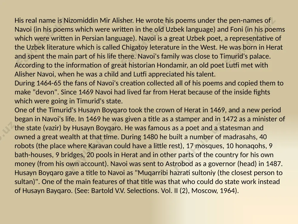 "saddi iskandariy". navoi was the first poet who created completed "hamsa" in turkiy language (the old uzbek language) and proved that such great work could be written in turkiy. (see: bertel's y.e. navoi i djami, moscow, 1965). more than 120 dostons (plays) which called "layli va majnun" were written in eastern literature. navoi also wrote "layli va majnun" and he described this theme in quite another way (the professor of the faculty of uzbek philology, the tashkent state university saida nazrullaeva (1917-1988) wrote about it in her following book: (nazrullaeva s. tema “leyli i medjnun” v literaturax narodov sovetskogo vostoka (theme "leyli i medjnun" in the literatures of the eastern nation). tashkent, 1983). amir temur was born in 9th april 1336 in hodjailgor village (yakkabag) near kesh (shahrisabz). his father emir muhammad taragaj was from notable family of a turkic sort barlas. it is known that name of amir timur …