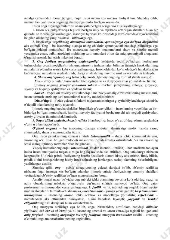 holda, o’z diqqatini qandaydir g’oya, tasavvur, xotira va shu kabilarda jamlab, o’z tasavvurida ushbu damda bevosita ko’rolmaganlarini aks ettiradi va rivojlantiradi. ong uzviy ravishda nutq bilan bog’langan bo’lib, o’zining yuksak shakllarida usiz mavjud bo’la olmaydi. ongli aks ettirish sezgilar va idrokdan, tasavvurlar va xotiradan farqli o’laroq, qator o’ziga xos xossalari bilan ajralib turadi. ulardan biri – tasavvur etilayotganlarning anglanganligi, ya’ni, ularning so’z-tushunchaviy ma’nodorligi, inson madaniyati bilan bog’liq holda ma’lum mohiyatga ega ekanligi. ongning keyingi xossasi ongda jism, voqea va hodisalarning faqat asosiy tub mohiyatga ega bo’lganlarining aks ettirishidir. inson ongining to’rtinchi xossasi – bu uning kommunikatsiyaga, ya’ni, ma’lum odamning o’zi bilgan ma’lumotlarni til va boshqa belgi tizimlari yordamida boshqalarga yetkaza olish layoqati. insonlar bir-biri bilan turli axborotlar bilan almashinuv jarayonida asosiy xabarni ajratib oladilar. shu tarzda abstraktlashtirish, ya’ni, ahamiyatga ega bo’lgan ma’lumotlarni ikkinchi darajalilaridan ayirib olish sodir bo’ladi. inson tabiat muhitiga oddiy holatda moslashibgina qolmasdan, ongli ravishda mehnat qurollari yasagan …