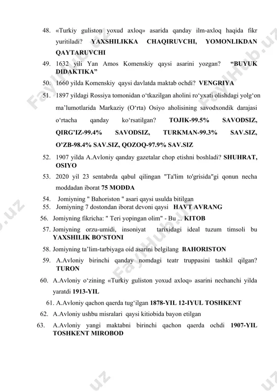 z, dunyo va oxiratimiz” ushbu fikrini nima bilan bog‘laydi al hosil 66. a.jomiy haqida: "uning shaxsan o'zi bunga namuna bo'ldi, poklik shamlaridan biri bo'lib porladi " - degan fikrlar kimga tegishli? sh.shomuhamedov 67. a.jomiy nodonlikga nimani qarshi qo'yadi? mehnatkashlik 68. a.jomiy qanday insonlarni "bosh ko'targan boshoq kabi o'roq zarbi bilan yerga yiqilib sarg'ayib so'lishi mumkin " deydi? takabbur manman 69. a.jomiy qaysi asarida ilmni behuda egallamaslik, har bir shaxs foydasi tegadigan ilm egallashi lozimligini aytadi? silsilat ul azhab da 70. a.jomiyning " iskandar hiradnomasi " asarining " iskandarning pokizalar shahriga yetishi " bobi bizga qaysi asarni eslatadi? qutadg’u bilig 71. a.jomiyning aytishicha: "tuproqqa tashlangan don qushlar tomonidan avaylab yerdan ko'tarilib ketiladigandek e'zozda" bo'ladigan odamlar kimlar? aqlli va zakovatli 72. a.temurning “temur tuzuklari”da o‘zi amal qilgan sifatlar qancha? 11 ta 73. a.temurning eng xarakterli xususiyatlari to‘g‘ri ko‘rsatilgan javobini toping? 7 yoshidan bilim olishni boshlagani 74. abay (ibrohim) qo‘nonboev otasi kim bo‘lgan? …