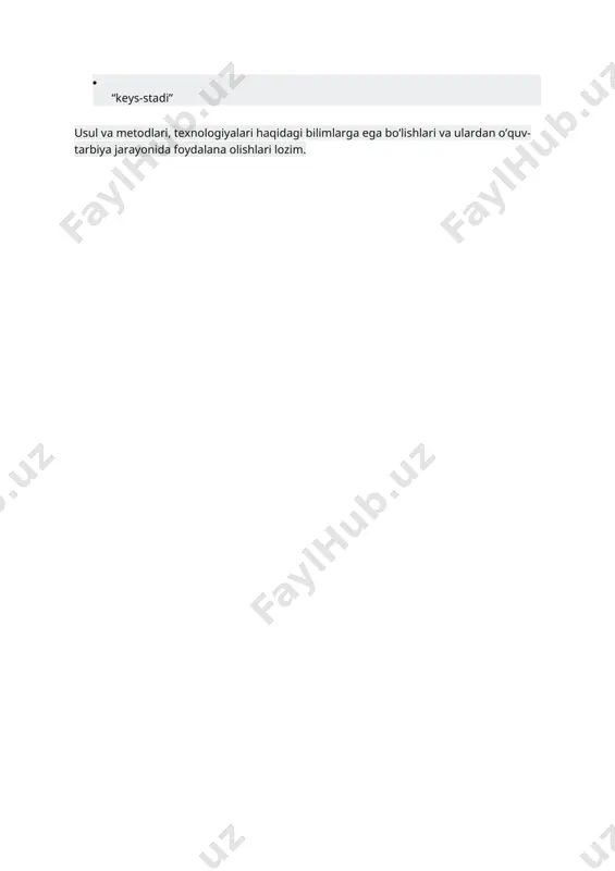 , zamonaviy pedagogic texnologiyalarni egallash va uni o’z o’rnida qo’llay olishi lozimligini bilamiz. bugungi kunda an’anaviy ta’limni zamonaviylashtirish yo’lida turgan ekanmiz, o’qitishning noodatiy, rivojlantiruvchi texnologiyalarini ham bilishi zarur. shuningdek, o’qituvchini, sinf rahbarlarini ham zamonaviy pedagogic texnologiyalarning o’quv-tarbiya jarayonidagi o’rni ulardan foydalanish hamda usul,metod,texnologiya tushunchalarini farqlay olishlari quyidagi, · “aqliy hujum” · “tarmoqlar(klaster)” · “assessment” · “bumerang” · “skrabey” · “charxpalak” · “rezyume” · “keys-stadi” usul va metodlari, texnologiyalari haqidagi bilimlarga ega bo’lishlari va ulardan o’quv-tarbiya jarayonida foydalana olishlari lozim.
