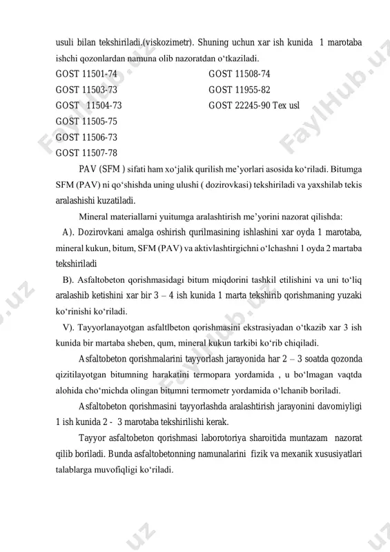 𝛾𝑛 - o‘rtacha xajmiy og‘irlik 𝛾𝑜𝑏 - namunaning xajmiy og‘irligi qoplamaning g‘adir – budurligi soyuzdornii da tayyorlangan pksh-4 qurilmasi yordamida aniqlanadi. qoplamaning ishqalanish koeffitsienti pkrs – 2 xarakatdagi laboratoriya uskunasi yordamida aniqlanadi va quyidagi formula yordamida hisobllanadi : 𝜑 = 𝑣2 25.9𝑔𝑙 𝐾 bu erda: 𝜑 - ishqalanish koeffitsienti 𝑣 - avtomobilning tormozlanish vaqtidagi tezligi 𝑔 - erkin tushish tezligi ( 9,81 m/sek2) 𝑙 - tormoz izi uzunlig 𝐾 - ishqalanish koeffitsientini o‘zgarishi 60 km/soatda k=0,7. sementobeton qorishma tayyorlaganda quyidagilar nazorat qilinadi: a).doimo beton qorishma tayyorlashning texnologik uskunalariga rioya qilish; b).smenada kamida bir marta; -yutilgan havoning hajmi; -beton qorishmaning yaxshi joylashishi; -ish qorishmasida kimyoviy qo‘shilmalar tarkibi; -betonning siqilishga mustahkamligi -uchta namunani sinash yo‘li bilan; v)qorishmalarning sifati o‘zgarganda - beton qorishmasidagi tarkiblarni me’yorlashni beton qorishtirgichga zavod tayyorlovchi tomonidan yuborilgan ko‘rgazmaga asosan nazorat tortish, qum, chaqiq tosh yoki shag‘alning sifati tekshiriladi. qoplamalar va asoslarni monolit betonlardan qurilganda, quyidagilar nazorat qilinadi: -doimo betonlashning …