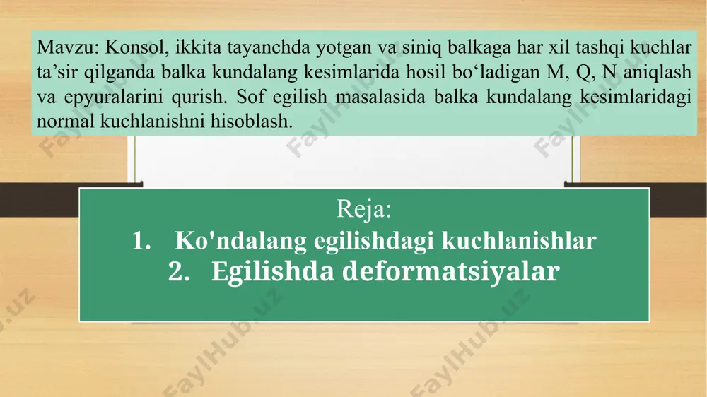 ozimki, ko'ndalang kesimdagi urinma kuchlanishlar va bo'ylama kesimlardagi unga juft kuchlanishlar kichik bo'lishiga qaramasdan, ba'zi hollarda brus mustahkamligini baholashga sezilarli ta'sir qilishi mumkin. masalan, kalta yog'och brusning ko'ndalang egilishida buzilish qistirib mahkamlangan joydagi ko'ndalang kesimda emas, balki bo'ylama tekislikdagi neytral qatlamga yaqin joyda yuz beradi, u erda ga erishadi (4 rasm). ko'ndalang egilishda bo'ylama kesimlardagi urinma kuchlanishlar brus qatlamlari orasidagi mavjud bog'lanishlar ta'sirini ko'rsatadi. ba'zi hollarda bu bog'lanishlar buzilsa, brus egilish xarakteri o'zgaradi. masalan, n listdan tashkil topgan brusda (5 rasm) ishqalanish kuchlari bo'lmasa har bir list alohida egiladi. listga tushuvchi tashqi kuch ga teng, list ko'ndalang kesimidagi eng katta normal kuchlanish esa 2 egilishda deformatsiyalar cho'zilish va buralishga nisbatan egilishdagi deformatsiyaning xususiyati shundan iboratki, deformatsiyagacha to'g'ri chiziqdan iborat bo'lgan sterjen o'qi egiladi, nuqtalari esa o'q boshlang'ich holatiga tik yo'nalishda ko'chadi, ko'ndalang kesim esa biror burchakka buriladi. o'q nuqtalarining ko'chishi salqilik deb ataladi va «u» yoki δ bilan belgilanadi, deformatsiyalanmagan …