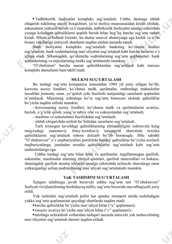 ’urta biznesi mutaxassislarini kasbiy tayyorlash bo’yicha xizmatlar kompaniya kompaniya qoshida tashkil etilgan “sug’urta olami” sug’urta biznesi o’quv markazi tomonidan taklif etilmoqda. sug’urta xizmatlari sug’urta xizmatlari sohasini takomillashtirish, milliy sug’urta bozori uchun yangi bo’lgan mahsulotlarni yurgizish bo’yicha strategiyani amalga oshirish sug’urta turlarining muvozanatlashgan majmuini shakllantirish imkoniyatini berdi. bugungi kunga kelib kompaniyada va tegishli ravishda uning hududiy filiallarida 40 dan ziyod sug’urta mahsulotlari mavjud. kompaniya sug’urta xizmatlarini taqdim etishning o’ziga xos tomoni bo’lib sug’urta hodisasi sodir bo’lishi mumkin bo’lgan barcha qaltisliklar bo’yicha sug’urta qoplamasini taqdim etishning uzluksizligini ta’minlash imkoniyati hisoblanadi. kompaniya quyidagi asosiy yo’nalishlar bo’yicha sug’urta xizmatlarini ko’rsatadi: · xorijiy investitsiyalarning sug’urta himoyasi; · ishlab chiqarish faoliyatini umumiy qaltisliklardan himoyalash; · eksport sug’urtasi; · shaxsiy sug’urta. xorijiy investitsiyalarning sug’urta himoyasi xorijiy banklar tomonidan investitsiya loyihalari va tashqi savdo shartnomalarini moliyalashtirilishi uchun qulay sharoit yaratish maqsadida va iqtisodiyotning ustuvor tarmoqlariga xorijiy investitsiyalarni jalb etishni rag’batlantirish maqsadida “o’zbekinvest” kompaniyasi tomonidan 1994 yil london shahrida …