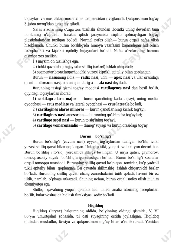 i. traxeya nayi ko'krak bo'shlig'iga o'sa boshlaydi va 6 - haftada bu nay ikkiga bo'linib, pufaksimon hosilalar bilan yakunlanadi. bu pufakchalar o'pka kurtaklari hisoblanadi. ichak nayidan o'sib chiqqan hosilalardan nafas yo'llarining faqat epiteliy to'qim asi va shilliq bezlar taraqqiy etadi. hiqildoq tog'aylarining ko'pchiligi, traxeya va bronx tog'aylari va mushaklari mezenxima to'qimasidan rivojlanadi. qalqonsimon tog'ay 3-jabra ravog'idan taraq qiy qiladi. nafas a’zolarining o'ziga xos tuzilishi shundan iboratki uning devorlari tana holatining o'zgarishi, harakat qilish jarayonida siqilib qolmaydigan tog'ay plastinkalaridan tuzilgan bo'ladi. normal nafas olish— burun orqali nafas olish hisoblanadi. chunki burun bo'shlig'ida himoya vazifasini bajaradigan hid bilish retseptorlari va kiprikli epiteliy hujayralari bo'ladi. nafas a’zolarining hamma qismiga xos tuzilish: 1 ) naysim on tuzilishga ega; 2 ) ichki qavatidagi hujayralar shilliq (sekret) ishlab chiqaradi; 3) segmentar bronxlargacha ichki yuzasi kiprikli epiteliy bilan qoplangan. burun — nasusning ildiz — radix nasi, uchi — apex nasi va ular orasidagi qismi — dorsum nasi, …