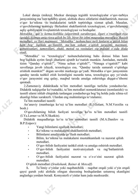 i ta’lim-tarbiya jarayonini tashkil etish va boshqarish tamoyillari, yo‘llari, umummadaniy dunyoqarashni shakllantirishga xizmat qiluvchi metod va uslublar, talabalar shaxsi faoliyatni to‘g‘ri tashkil etish, ular bilan hamkorlik qilish, muloqotga kirishish, pedagogik faoliyatini tashkil etish jarayonida yuzaga keluvchi muammo va qarashlarni birgalikda hal etish, auditoriyada ijodiy hamkorlik, ishchanlik muhitini hosil qilishga doir shakl va metodlar bilan qurollangan bo‘lishi lozim.[footnoteref:1] [1: aleks muur. ta’lim berish va ta’lim olish: pedagogika, ta’lim dasturi va tarbiya. rutledj. ikkinchi nashr. 2012. 93-110-betlar. ] ta’lim amaliyotida “pedagogik texnologiya” tushunchasi uch darajada qo‘llaniladi: umumpedagogik (makro) daraja. mazkur darajaga muvofiq keladigan texnologiyalar yaxlit pedagogik jarayonga tegishli bo‘lib, ularga muammoli, tabaqalashtirilgan, integratsion, shaxsga yo‘naltirilgan, rivojlantiruvchi, modulli, masofali o‘qitish texnologiyalarini misol sifatida keltirish mumkin. mazkur texnologiyalar innovatsiya tavsifiga ega bo‘lib, novator o‘ qituvchilar, olimlar va izlanuvchilar tomonidan ishlab chiqiladi hamda samaradorligi kafolatlanganidan va amaliyotga keng tatbiq etish imkoniyatiga ega bo‘linganidan so‘ng uni amaliyotchi o‘qituvchilar o‘z faoliyatida qo‘llaydilar. xususiy-metodik (mezo) daraja. ushbu daraja …