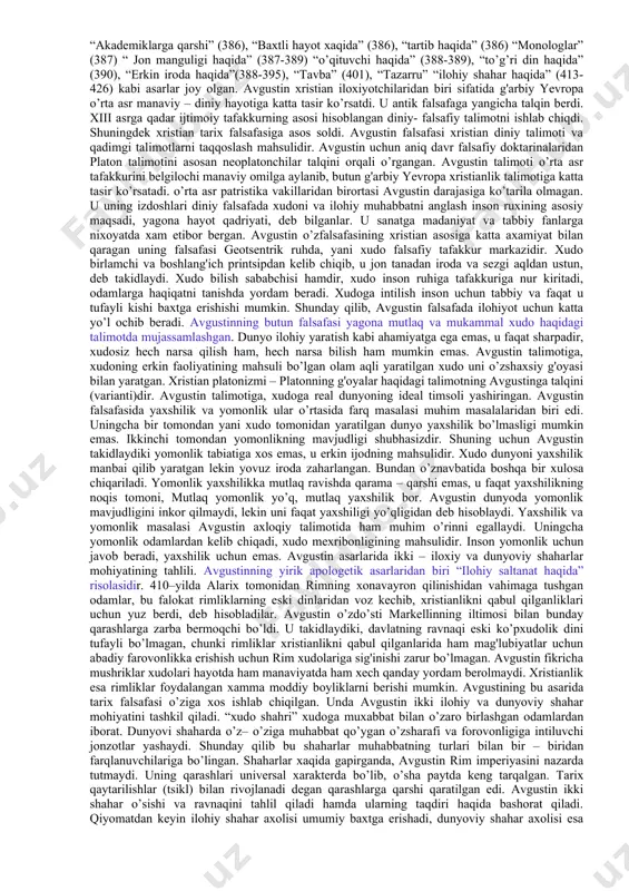 ullarini qo’lladilar. sharqdan kelgan dinlarning tarqalishi imperiyaning o’zida turli bidatchi diniy yo’nalishlarning faoliyat ko’rsatishi manaviy va mafkuraviy vaziyatni yanada murakkablashtirdi. mana shunday sharoitda xristianlik inson va jamiyatni manaviy poklikka, ruhiy kamolotga olib boradigan talimot ekanligini asoslash shu talimotni ximoya qilish, yani apologik (yun. orologia – biron narsani yoki kimsani himoya qilish) tadbir ko’rish ehtiyoji tug'ildi. ii va iii asrda xristianlik tarixida apologetika yoki apologetlar davri vujudga keldi. apologetika so’zining lug'aviy manosi himoya qiluvchi demakdir. yani xristian diniy aqidalarini turli xujumlardan himoya qilishdir. apologetlar davlatining xristianlikka nisbatan dushmanligini bartaraf qilishga intilishi bilan birgalikda o’zlarining asarida xristianlik talimotini asrashga qolaversa, rim saltanatini oqlab bo’lmasligini ko’rsatishga harakat qildilar. afinada misrlik oilada tug'ilgan kliment xristian falsafasini ishlab chiqishga harakat qilgan apologetlardan biridir. u platonizm va stoitsizmni chuqur o’rgangan, xristianlikni qabul qilganidan keyin ham falsafaga nisbatan hurmatini saqlagan. uning fikricha yunon falsafasini xristianlik bilan shunday sog'lomlashtirish kerakki, undaki har bir odam xristian falsafasini qimmatini ko’ra …