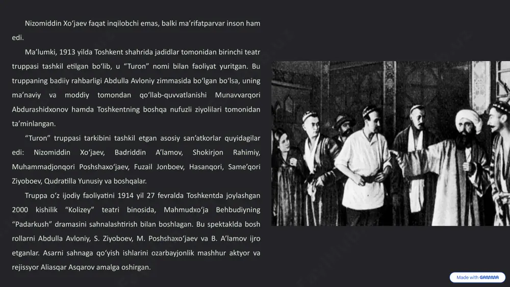 ammadqulizoda asari — «o‘liklar» hamda a.f. mustafoning «qotil karima» pesasiga u nafaqat rejissyorlik qilgan, balki bosh rolda ham ishtirok etgan. bunday jiddiy ijodiy ishlar n. xo‘jaevdagi tabiiy iqtidorni namoyon qilar edi. nizomiddin xo‘jaev “hurriyat uyi”da muntazam o‘tkazilib turadigan toshkent sotsial-demokratlari yig‘ilishlarida qatnasha boshlaydi va ularning kurash usullarini o‘rganishga kirishadi. shu bilan birga, u “sho‘roi islom” jamiyati tarkibida “turon” nomidan faol ishtirok etib boradi. biroq muvaqqat hukumat olib borayotgan siyosat nizomiddinning siyosiy va madaniy talablariga javob bera olmaydi. shu sababli u fevral inqilobining dastlabki kunlaridanoq toshkent shahri soveti, temir yo‘l ishchilari va musulmon harbiy komiteti bilan yaqin aloqalar o‘rnatib, ular bilan hamkorlikka alohida ahamiyat bera boshlaydi. n. xo‘jaev fevral inqilobning ilk kunlaridanoq toshkentning eski shahri hududida kasaba uyushmalarini tashkil qilish, xalq ommasiga ozodlikning mazmun-mohiyatini tushuntirish, tashviqot va targ‘ibot ishlarini olib borish bilan shug‘ullanadi. fevral inqilobidan so‘ng, nafaqat toshkent, balki butun turkistonning shaharlari, xususan toshkentning eski shahri hududida ham front orti ishchilari, …