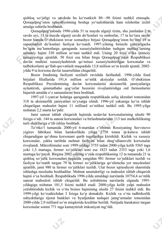 s o‘rinbosarlari, mandat komissiyasi va qo‘mitalar raislari kiradi. qoraqalpog‘iston respublikasi ijroiya hokimiyat organi vazirlar kengashi hisoblanadi. uning tarkibiga rais, ikkita birinchi o‘rinbosar va 4 ta tarmoq o‘rinbosarlari kiradi. shuningdek, ijroiya hokimiyat tarkibiga vazirliklar va qator tarmoq qo‘mitalari rahbarlari ham kiritilgan. qoraqalpog‘iston respublikasi vazirlar kengashi toshkent shahrida o‘zbekiston respublikasi vazirlar mahkamasi qoshida o‘zining ish olib boruvchi doimiy vakiliga ega. qoraqalpog‘iston respublikasida faoliyat ko‘rsatayotgan qator jamoat tashkilotlari bu yerda demokratik jarayonlarning tobora qaror topayotganidan dalolat beradi. ayni paytda, respublika hududida hukumatga qarashli bo‘lmagan qator tashkilotlar, jumladan, «orol va amudaryoni himoya qilish uyushmasi», «ekosan», «aralsos», «sog‘lom avlod uchun» singari bir qator xalqaro tashkilotlarning bo‘limlari ish olib bormoqda. ayni vaqtda, shuni ta’kidlash joizki, istiqlol yillarida qoraqalpog‘istonda qonunchilik, ijroiya va sud hokimiyatining zamonaviy tizimini vujudga keltirishda dastlabki qadamlar qo‘yilgan bo‘lsa-da, xali bu borada qator muammolar saqlanib qolmoqda. 1997-yil 17-iyul kuni nukusda bo‘lgan qoraqalpog‘iston respublikasi jo‘qarg‘i kengesining navbatdan tashqari sessiyasi qonun chiqaruvchi va ijroiya hokimiyati faoliyatlarida …