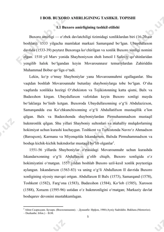 mmo uning hukmronligi ham uzoqqa bormay, 1601 yil taxtdan ag‘darilgan. shu bilan qariyb 100 yil hukm surgan shayboniylar sulolasi barham topib, movarounnaxrda jo‘jixon naslidan bo‘lgan ashtarxonjlar (joniylar) sulolasi hukmronligi boshlangan. ashtarxoniylar davrida xonlikda siyosiy nizo va beboshliklar deyarli to‘xtamagan. dastlab asli ashtarxonlik, buxoroda qo‘nim topgan shahzoda jonibekning o‘g‘li boqi muhammad (1601— 05), so‘ngra uning ukasi vali muhammad (1605-11) taxtga o‘tqazilgan. imomqulixon davrida (1611-42) qozoq biylari va boshqa ko‘chmanchilarning buxoro xonligi yerlariga talonchilik yurishlari kuchaygan. chunonchi imomqulixon 1612 yil toshkentni egallab, o‘g‘li iskandarni hokim etib tayinlaydi, ammo shaharda qo‘zg‘olon ko‘tarilib iskandar o‘ldiriladi. imomqulixon toshkent aholisini shafqatsiz qirg‘in qilib shaharni yana xonlikka qo‘shib oladi. uning davrida xonlik ancha mustahkamlanadi. imomqulixon ko‘r bo‘lib qolgach, taxtni egallagan ukasi nadr muhammadxon (1642-45) ham shafqatsizligi va zolimligi bilan norozilik chiqaradi. natijada muxolif kuchlar tazyiqi bilan taxtdan voz kechadi . hokimiyat uning o‘g‘li abdulaziz ii (1645— 81) qo‘liga o‘tadi. u markaziy hokimiyatni mustahkamlashga harakat qiladi, lekin tobora …