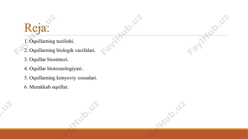 nizmida 5 000 dan ortiq oqsil turlari borligi aniqlangan bo‘lsa, hozirgi vaqtda ularning 2000 dan ziyodi kashf qilingan va yaxshi tekshirilgan. oqsillarning biologik vazifalari oqsillar hujayrada boshqa birikmalarga (kimyoviy komponentlarga) qaraganda ancha ko’p jarayonlarda xilma-xil vazifalarni bajaradilar. hamma proteinlarning struktura elementlari bir xil aminokislotalardan iborat bo`lsa ham, ularning oqsil molekulasidagi nisbiy miqdorlari va joylanish o`rinlari turlichadir. oqsillarning asosiy vazifalari quyidagilardan iborat: 1. katalitik vazifasi – shu vaqtgacha kashf etilgan barcha biologik katalizatorlar – fermentlar oqsillardir. bir hujayrada ularning soni 2000 dan ortiq. bunday vazifa faqat oqsillar uchungina xosdir. 2. oqsil gormonlar – bir qator ichki sekretsiya bezlarining mahsulotlari peptid va oqsil tabiatiga ega. masalan insulin, o`sish gormoni va boshqalar.ular hujayra ichida va butun organizmda moddalar almashinuvini boshqarib turadi. 3. retseptorlik vazifasi – hujayra yuzasida va ichida har xil regulyatorlar (gormonlar, mediatorlar, siklik nukleotidlar) ning tanlab o`tkazishi. 4. tashish vazifasi – to`qimalar orasida va hujayra membranasi orqali moddalarning bog`lanishi hamda tasxilishi. …