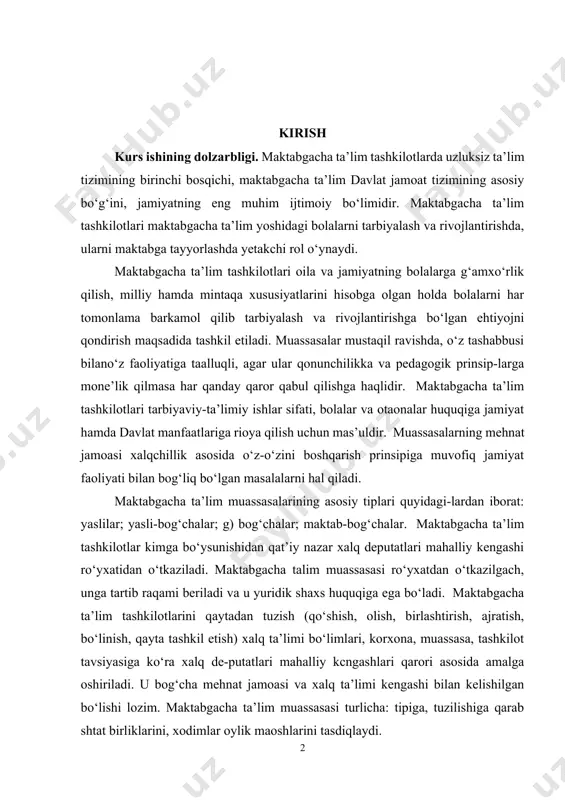 ilotlar kimga bo‘ysunishidan qat’iy nazar xalq deputatlari mahalliy kengashi ro‘yxatidan o‘tkaziladi. maktabgacha talim muassasasi ro‘yxatdan o‘tkazilgach, unga tartib raqami beriladi va u yuridik shaxs huquqiga ega bo‘ladi. maktabgacha ta’lim tashkilotlarini qaytadan tuzish (qo‘shish, olish, birlashtirish, ajratish, bo‘linish, qayta tashkil etish) xalq ta’limi bo‘limlari, korxona, muassasa, tashkilot tavsiyasiga ko‘ra xalq de-putatlari mahalliy kcngashlari qarori asosida amalga oshiriladi. u bog‘cha mehnat jamoasi va xalq ta’limi kengashi bilan kelishilgan bo‘lishi lozim. maktabgacha ta’lim muassasasi turlicha: tipiga, tuzilishiga qarab shtat birliklarini, xodimlar oylik maoshlarini tasdiqlaydi. kurs ishining maqsadi. kurs ishining maqsadi ta’lim muassasasida xodimlarni tanlash va joylashtirish muammolarini nazariy o‘rganish va amaliy yechim topishdir. kurs ishining vazifasi. kurs ishining maqsadidan kelib chiqib uning vazifalari quyidagilar: · ta’lim to‘g‘risidagi qonun va kadrlar tayyorlash milliy dasturi haqida; · ta’lim muassasasida xodimlarni tanlash; · o‘zbekistonda oliy ta’lim muassasalariga pedagog xodimlarni tanlov asosida ishga qabul qilish tartibi; · ta’lim muassasasida kadrlarni ish bilan ta’minlash muammolari. kurs ishining obyekti. …