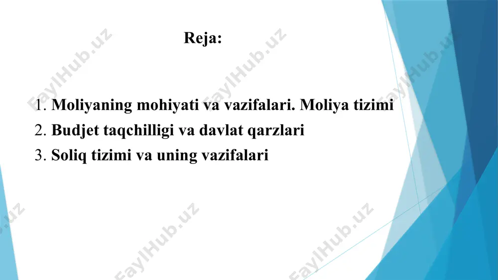 orat va notijorat tuzilmalarining pul fondlarini, boshqa maxsus pul fondlarining harakatini o‘z ichiga oladi. davlat budjeti – bu davlat daromadlari va xarajatlar hamda ularni moliyaviy qoplash manbalarining yillik rejasidir. budjet taqchilligi va uning kelib chiqish sabablari o‘rnatilgan xalqaro standartlarga ko‘ra budjet taqchilligi yaimning 2% darajasidan oshmasligi lozim. budjet taqchilligi, asosan, davlat qarzi hisobiga qoplanadi. davlat tashqi qarzi davlat ichki qarzi soliq – bu davlatning o‘z vazifalarini amalga oshirishi uchun zarur bo‘lgan moliyaviy mablag‘larni shakllantirish maqsadida jismoniy va huquqiy shaxslardan budjetga majburiy to‘lovlarni undirish shakli. 3. soliq tizimi va uning vazifalari davlat xarajatlarini moliyalashtirish (fiskal vazifasi); - ijtimoiy tanglikni yumshatish (ijtimoiy vazifasi); - iqtisodiyotni tartibga solish (tartibga solish vazifasi). soliq hajmining o‘sib borishi 1. aholi sonining o‘sishi. 2. ijtimoiy soha xizmatlari sifatiga talabning ortishi va urbanizatsiya. 3. atrof-muhitning ifloslanishi. 4. daromadlar tengsizligini qisqartirish dasturlarini amalga oshirish. 5. milliy mudofaa, davlat xavfsizligini ta’minlash xarajatlari hajmining o‘sishi. soliq stavkasi va daromadlar o‘rtasidagi nisbatga …