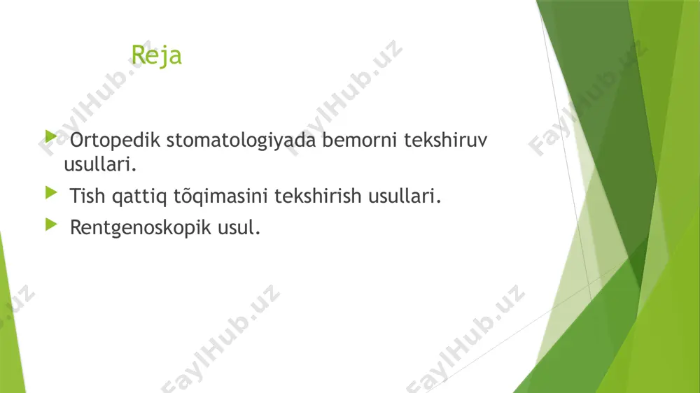 o‘rilganda og‘riq paydo bo‘ladi. odatda, perkussiya sog‘lom tishdan boshlanadi. har bir tish tekshiruvida quyidagilarga e’tibor beriladi: tish qatorlarining rangi , shakli, joylashish holatiga qattiq tõqimaning holati (nokaries va karies kasalliklarida) koronka qismining zararlanish darajasi barqarorlik qòshimcha tekshirish usullari rengen elektrodontadiagnostika harorat tashxisi rentgenologik tekshiruv chaynov apparati rentgenografiyasi juda keng tarqalgan va qulay usul. bunda rengen nurlarini yuborish tufayli ekranga chiqadigan tasvirga qarab tashxis qõyiladi. rentgenologik tekshiruv chakka pastki jağ bõğimi elementlarining shakllari tuzulishi va õzaro munosabatini õrganish uchun tomografiya , zonografiya va rentgenografiyadan foydalaniladi. . elektroodontometriya elektroodontometriya usuli. tish pulpasi va parodont tòqimasining elektr tokiga qilgan javob reaksiyasiga asoslangan. bu tekshirish usuli maxsus apparatlar yordamid amalga oshiriladi • soĝlom tishlarda 2-6mka da • chuqur kariesda 20-40mka da pulpaning faqat toj qismida yalliĝlanishi 60mka da oĝliqli reaksiya bilan javob beradi harorat tashxisi harorat tashxisi-terapevtik stomatologiyada keng qullaniladigan usul bulib , harorat tasirlovchilarga nisbatan tish reaksiyasini aniqlash , tish pulpasi holatini aniqlash …