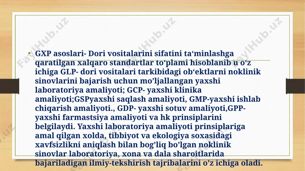 hilarga sifatli dori vositasini yetkazib berish uchun tizimi ishlab chiqish kerak va bu tizim tatbiq etilishi, qo‗llab-quvvatlab turilishi lozim.tizimli nazorat tashkil etish va qo’llab-quvvatlash jarayonlarning ishlashini, belgilangan talablarga mos kelishini doimo ta‘minlash, mahsulot sifati va ishlab chiqarish jarayonini nazorat etish, hamda monitoringini olib boruvchi tizim ishlab chiqish va undan foydalanish kerak. etiboringiz uchun raxmat ! image5.png image6.png image7.jpeg image8.jpeg image9.jpeg image3.png image4.png /docprops/thumbnail.jpeg