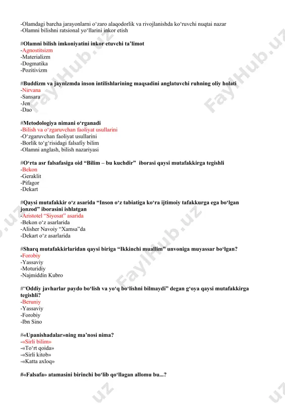ng idrokimiz bilan “men”imiz mavjud”dir -subyektiv idealistlar -dualistlar -obyektiv idealistlar -materialistlar #agnostitsizm bu -bilish nazariyasidagi olamni monand anglash mumkinligini inkor etuvchi yo‘nalish -inson tajribasiga ishonchsizlik -olamdagi barcha jarayonlarni o‘zaro alaqodorlik va rivojlanishda ko‘ruvchi nuqtai nazar -olamni bilishni ratsional yo‘llarini inkor etish #olamni bilish imkoniyatini inkor etuvchi ta’limot -agnostitsizm -materializm -dogmatika -pozitivizm #buddizm va jaynizmda inson intilishlarining maqsadini anglatuvchi ruhning oliy holati -nirvana -sansara -jen -dao #metodologiya nimani o‘rganadi -bilish va o‘zgaruvchan faoliyat usullarini -o‘zgaruvchan faoliyat usullarini -borlik to‘g‘risidagi falsafiy bilim -olamni anglash, bilish nazariyasi #o‘rta asr falsafasiga oid “bilim – bu kuchdir” iborasi qaysi mutafakkirga tegishli -bekon -geraklit -pifagor -dekart #qaysi mutafakkir o‘z asarida “inson o‘z tabiatiga ko‘ra ijtimoiy tafakkurga ega bo‘lgan jonzod” iborasini ishlatgan -aristotel “siyosat” asarida -bekon o‘z asarlarida -alisher navoiy “xamsa”da -dekart o‘z asarlarida #sharq mutafakkirlaridan qaysi biriga “ikkinchi muallim” unvoniga muyassar bo‘lgan? -forobiy -yassaviy -moturidiy -najmiddin kubro #“oddiy javharlar paydo bo‘lish va yo‘q bo‘lishni bilmaydi” degan …