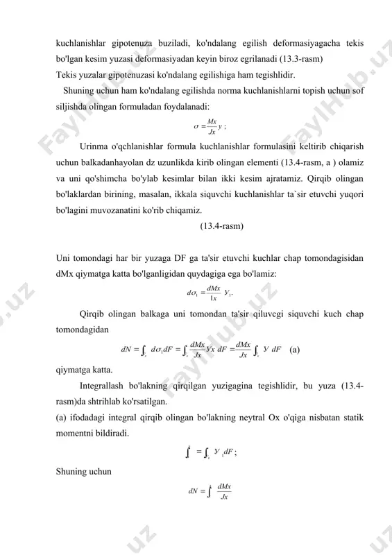 inma kuchlanishlar ta'sir qilganida: ; balkaning egilishidagi potensial energiyasi. (13.6) bu ifodaning birinchi integrali egilishdagi potensial energiyani, ikkinchisi siljishidagi potensial energiyani bildiradi. (13,6) formuladagi eguvchi moment va ko'ndalang kuchlarning kvadratlari olinadi, musbat ishorali bo'ladi. siljish energiyasi egilishi energiyasiga nisbatan ancha kichikdir. shuning uchun siljish energiyasi hisobga olmasdan egilishdan potensial energiya topiladi. adabiyotlar: 1. m.t o'rozboyev «materiallar qarshiligi kursi» toshkent, «o'qituvchi» 1979 yil. 2. k.m mansurov «materiallar qarshiligi kursi» toshkent, «o'qituvchi» 1983 yil. 3. a.v darkov, g.s shpirov «soprotivleniye materialov» moskva «vo'sshaya shkola» 1993 g. 4. n.m belyayev va boshqalar, «materiallar qarshiligidan masalalar to'plami» toshkent, «o'qituvchi» 1993 yil. 5. n.m belyayev i dr. «sbornik zadach po soprotivlenin materialov» m, «nauka» 1992 g. _1213591548.unknown _1213593187.unknown _1213593563.unknown _1213593603.unknown _1213593204.unknown _1213591895.unknown _1213592328.unknown _1213592502.unknown _1213592645.unknown _1213592693.unknown _1213592417.unknown _1213592060.unknown _1213592208.unknown _1213592013.unknown _1213591687.unknown _1213591720.unknown _1213591600.unknown _1213591211.unknown _1213591473.unknown _1213591498.unknown _1213591245.unknown _1213590985.unknown _1213591020.unknown _1213590936.unknown j d y z d = d j r d z d = ; 1 …