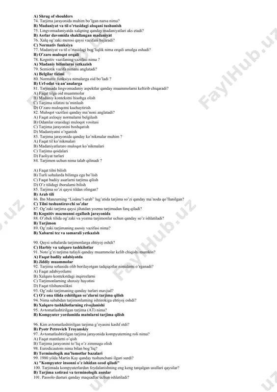 gini belgilovchi omil c) tarjimaning faqat uslubiy jihati d) tarjimaning shaxsiy xususiyatlari 56. tarjimada qaysi omillar muvaffaqiyatga ta’sir qiladi? a) faqat shaxsiy xususiyatlar b) muloqot ishtirokchilarining individual, shaxsiy, madaniy va ijtimoiy xususiyatlari c) faqat madaniy xususiyatlar d) faqat til ko’nikmalari 57. tarjimaga nima ta’sir qiladi? a) faqat muloqot maqsadlari b) tarjima jarayonining borishi va natijasi c) faqat tarjimonning shaxsiy fikrlari d) faqat asl nusxaning mazmuni 58. tarjimada qaysi intellektual yoki hissiy reaksiya uyg’otilishi kerak? a) faqat qabul qiluvchining hissiy reaksiyasi b) ma’lum bir intellektual yoki hissiy reaktsiya c) tarjimonning o’z fikri d) muloqot ishtirokchilarining xulosalari 59. tarjima jarayonida ekvivalentlik talabi nima? a) tarjimonning shaxsiy fikrlari b) tarjima jarayonining faqat uslubiy jihati c) ma’lum bir pragmatik vazifani hal etishga bo’ysunish d) faqat asl nusxaga mos kelish 60. tarjimon qanday o’zgarishlar kiritishga majbur bo’lishi mumkin? a) faqat matnning mazmuni b) mazmuni, uslubi, ifodalilik darajasi va boshqalar c) faqat uslubiy o’zgarishlar d) faqat …