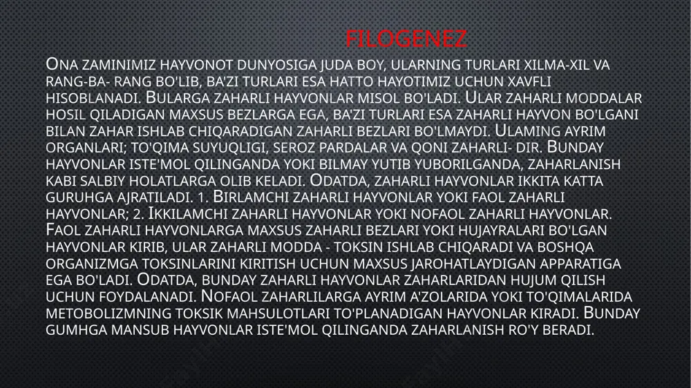 filogenetik, emb- riogenetik hamda funksional jihatdan ovqat hazm qilish va nafas olish tizimlarining o'zaro bog'liqligidir. haqiqatdan, faqat xordaliiarda nafas olish tizimi ovqat hazm qilish a'zolari asosida rivojlanadi, ya'ni evolyutsiyaning ilk bosqichlarida ovqat hazm qilish a'zosi bilan bog'liq holda nafas olish funksiyasi "ham shakllanadi. masalan, umurtqa-' sizlar va umurtqalilar orasidagi oraliq forma bo'lgan, lansetnikda maxsus shakllangan nafas olish a'zolari mavjud emas, nafas olish funksiyasini ovqat hazm qilish nayining oldigi qismiga kiruvchi halqumining ikki yon tomonida joylashgan jabra yoriqlari deb nomlanadigan tuzilmalar bajaradi. nafas a`zolari tizimi umurtqalilar evolyutsiyasi dastlabki davridan boshlab nafas olish tizimi kelib chiqishi vaaashishiga ko'ra bevosita hazm qilish sistemasi bilan bog'liq. jabralar umurtqa- lilaming eng dastfab paydo bo'lgan nafas a'zolaridir. uzil-kesil quruqlikka chiqqan sudralib yuruvchilar ham yuqori nafas yo’llari ham pastki (hiqildoq traxeya va bronxlar) nafas yo’llanga ega. sung o 'kalan mayd" g ovaksimon, ko’p sonli ichk, to’siqlarga va katta nafas olish yuzasiga ega birinchi marta diafragma paydo bo’ladi, …