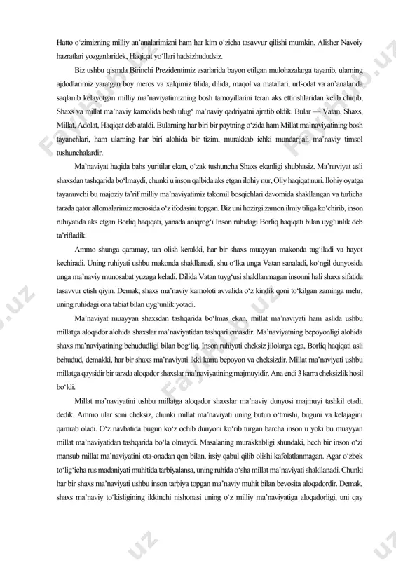 an biri, muayyan ezgu maqsad yo‘lida barcha qiyinchiliklarga bardosh berib, olg‘a intilish. islom mintaqa madaniyati doirasida riyozat ma’rifatini yuksak mukammallik darajasiga olib chiqishda tasavvuf piri murshidlarining xizmati beqiyosdir. oliy ma’naviy qadriyatlar - inson ruhining borliq haqiqati bilan uyg‘unlashuvining turli darajalarini ifodalovchi timsol-tushunchalar. shaxs va millat ma’naviy kamolida besh daraja, besh pog‘ona sifatida besh ulug‘ ma’naviy qadriyat, besh ma’naviyat maydonini ajratib ko‘rsatish mumkin. bular - vatan, shaxs, millat, adolat, haqiqat. bularning har biri bir paytning o‘zida ham millat ma’naviyatining bosh tayanchlari, ham ularning har biri alohida bir tizimga, murakkab ichki mundarijaga ega bo‘lgan timsol-tushunchalardir. vatan (tuyg‘usi) - milliy ma’naviyatimizga xos oliy ma’naviy qadriyat, inson ruhining borliq haqiqati bilan uyg‘unlashuvining avvalgi darajasi, har bir insonning muayyan moddiy makonga ma’naviy munosabati. bu timsol-tushunchaning ma’no ko‘lami yana o‘z ichki takomil darajalariga ega (1-ruh uchun badan, 2-xonadon, 3-shahar, qishloq, 4-mamlakat, 5-ona-sayyora). shaxs (tuyg‘usi) - milliy ma’naviyatimizga xos oliy ma’naviy qadriyat, inson ruhining borliq haqiqati bilan …