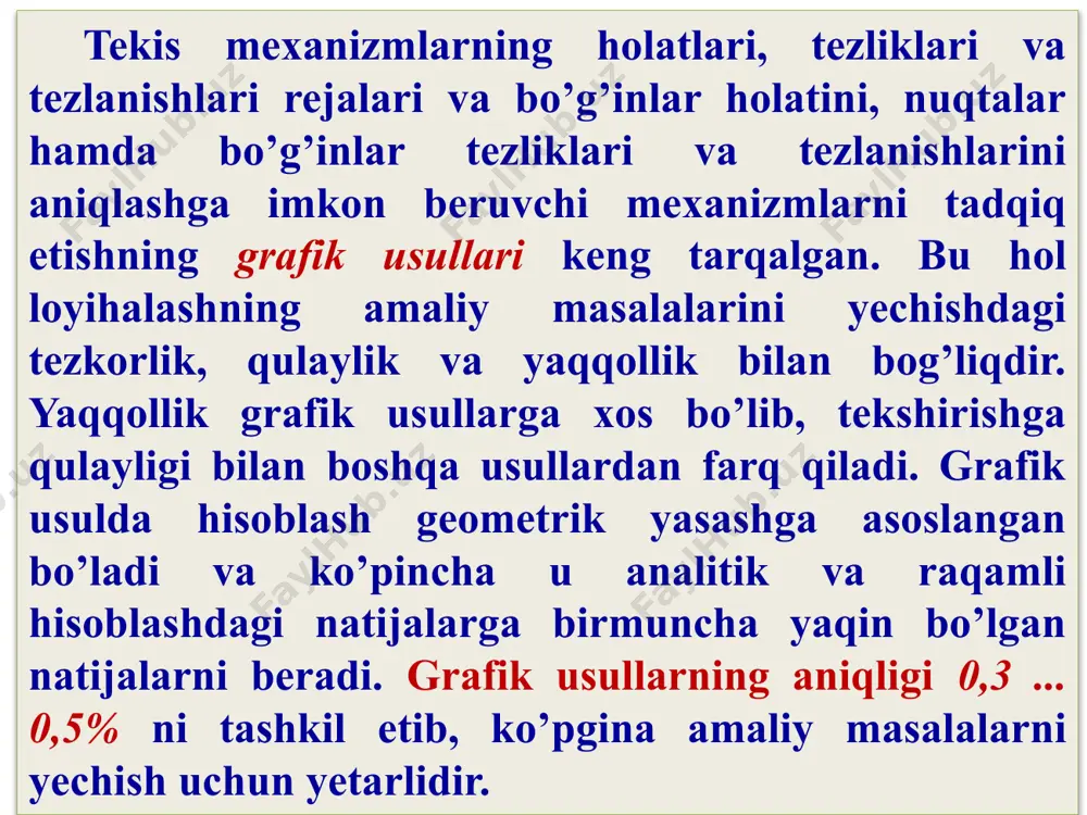 tezlanishlar rejasining qo’tb nuqtasi sifatida r nuqta tanlaymiz va bu nuqtadan aa tezlanish yo’nalishida (// o1a) to’g’ri chiziq o’tkazamiz. bu chiziqda (ra) kesmani o’lchab qo’yib a nuqtaning topamiz. u holda masshtab koeffisiyenti bu tezlanishlarni tezlanishlar rejasida ifodalovchi vektorlarning uzunliklarini hisoblaymiz mexanizm kinematikasini diagrammalar usuli bilan tekshirish mexanizm tarkibiga kiruvchi alohida bo’g’in kinematikasini tekshirishda diagrammalar qurish usulidan foydalanish mumkin. bunda tekshiriladigan bo’g’inning kinematik parametrlari vaqtning yoki yetaklovchi bo’g’in burilish burchagining funksiyasi deb qaraladi, ya’ni ilgarilama harakat qiluvchi bo’g’inlar va aylanma harakat qiluvchi bo’g’inlar uchun qo’rilgan kinematik diagrammalar yuqorida ko’rsatilgan funksiyalarning grafik tasviri bo’ladi. bo’g’in kinematik diagrammasining biror ko’rinishi qo’rilgan bo’lsa, qolgan diagrammalar grafik differensiallash yoki grafik integrallash usullaridan foydalanib keltirib chiqarilishi mumkin. agar yo’l diagrammasidan tezlik diagrammasi, tezlik diagrammasidan tezlanish diagrammasi hosil qilinsa, diagrammalarning bunday ketma-ketlikda hosil qilinishi grafikni differensiallash deyiladi. agar diagrammalar hosil qilishda teskari ketma- ketlikka amal qilinsa, bu usul grafikni integrallash usuli deyiladi. grafik differensiallashning vatarlar, urinmalar va …