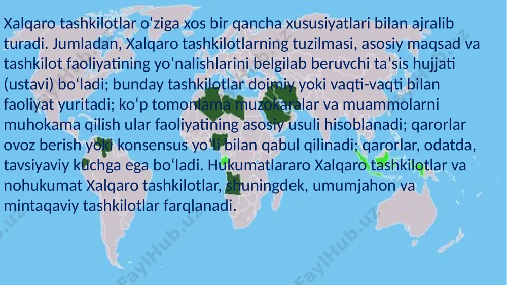 abul qilingan. 1950- yillda inson huquqlari umumjahon deklaratsiyasi qabul qilinganligi munosabti bilan bmt inson huquqlari kunini belgiladi. u 10- dekabrda nishonlanadi. 1946- yildan boshlab bmt doirasida, shuningdek, bmt bolalar fondi ( yunisef ) ham faoliyat yuritmoqda. yunisef faol ishlari tufayli har yili 3 milliondan ortiq bolaning hayoti saqlab qolinadi. 1979- yil bmt tomonidan xalqaro bola yili deb e’lon qilindi. birlashgan millatlar tashkilotining inson huquqlari boʻyicha komissiyasi hukumatlararo organ hisoblanib, davlatlar tomonidan inson huquqlarini himoya qilishga bagʻishlangan masalalarni ommaviy koʻribigʻish ishlarini amalga oshiradi. u inson huquqlari buzilgan muayyan holat toʻgʻrisida maʼruza taqdim etish uchun yoki baʼzi bir mamlakatdagi inson huquqlari sohasidagi ahvolni oʻrganish uchun mustaqil ekspertlar — „maxsus maʼruzachilar“ tayinlayd o’zbekiston ham 1989- yilda bolalar huquqlari haqidagi konvensiyani izloladi, unga ko’ra olingan majburiyatlarni amalga oshirish maqsadida “sog’lom avlod uchun “ fondi tashkil qilingan. image1.jpeg image2.jpeg image3.jpeg image4.png image5.png image6.png image8.png image7.png image9.jpeg image10.jpeg image11.jpeg image12.jpeg image13.jpeg image14.jpeg image15.jpeg image16.jpeg /docprops/thumbnail.jpeg
