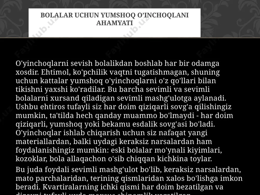 “ fil ” cha o’yinchoqni tikish ularni yaratish uchun siz naqsh solib, tayyorlashingiz kerak: - qog'oz - kuzatuv qog'ozi, - qaychi - qalam yoki qalam, - mato rangidagi ignalar va iplar, - 20x30 sm o'lchamdagi kigiz yoki zich paltolar bo'laklari, - mahkamlash uchun ignalar. ko'pchilik mato va plomba moddasidan yumshoq o'yinchoqlar ishlab chiqarishni afzal ko'rishadi. yangi boshlanuvchilar uchun siz kichkina quyonni tikishingiz mumkin, dizayni juda sodda, ammo juda yoqimli. kiyim ikki rangda bo'lishi kerak: biri oq, ikkinchisi - ruh nima yoki nima istaydi. improvizatsiya qilingan materiallardan foydalanib, siz barcha detallarni kigandan kesib olishingiz kerak, ammo tikuv uchun ruxsat berishni unutmang - 5 mm. ish ketma-ketligi o'zingizning qo'lingiz bilan yumshoq o'yinchoqlar yasash uchun naqshlari ushbu maqolada keltirilgan, sizda printer bo'lishi kerak. ammo yana bir usul bor: monitor ekranidagi tasvirni kerakli o'lchamga kattalashtirish va kuzatuv qog'ozini qo'yib, diqqat bilan qalam bilan chizish. keyin kesib oling va matoga o'tkazing. tafsilotlar diagrammada ko'rsatilgan miqdorda …