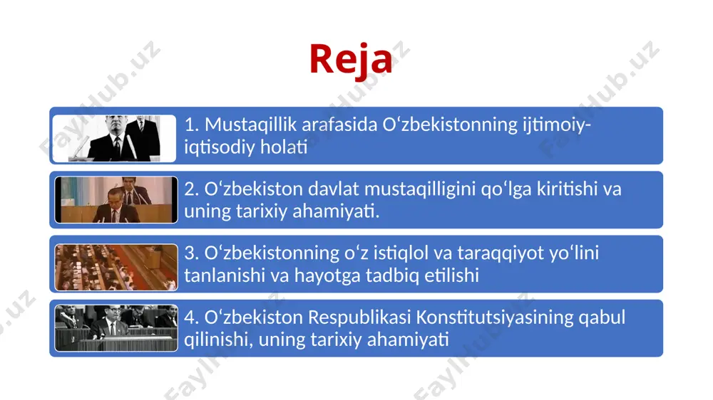 o‘g‘risida"gi o‘zssr qonuni, 1991 yil 25 oktyabrda qabul qilingan vazirlar mahkamasining "o‘zbekiston respublikasining ichki ishlar vazirligi to‘g‘risida"gi qarorlari muhim ahamiyat kasb etdi. 1991 yil 15 fevralda o‘zbekiston oliy kengashi «o‘zbekistonning davlat ramzlari to‘g‘risida» maxsus qaror qabul qildi. o‘zbekiston prezidentining 1991 yil 25 avgustdagi farmoniga binoan respublika ichki ishlar vazirligi va davlat xavfsizligi qo‘mitasi qonuniy ravishda o‘zbekiston respublikasi tasarrufiga olindi. respublika hududida joylashgan sssr ichki ishlar vazirligining ichki qo‘shinlari bevosita o‘zbekiston prezidentiga bo‘ysundirildi. o’zbekiston ssrda prezidentlik institutining joriy etilishi (1990 yil 24-mart) “mustaqillik deklaratsiyasi” ning qabul qilinishi 1990 yil 20-iyun 1990-1991-yillar davomida… 1991 yil fevral - mart oylarida ittifoq shartnomasi loyihasi ustida ishlashning ikkinchi bosqichi bo‘lib o‘tdi. unda boltiqbo‘yi respublikalari, gruziya, armaniston, moldova vakillari qatnashmadi, ozarbayjon kuzatuvchi bo‘lib qatnashdi. bu bosqichda ittifoq bilan respublikalar vakolatlarini farqlab qo‘yishga harakat qilindi. 1991 yil aprelda kiyevda ukraina, rossiya, belarus, o‘zbekiston, qozog‘iston respublikalari rahbarlarining uchrashuvi bo‘ldi. uchrashuvda mustaqil respublikalar manfaatlariga mos keladigan ittifoq shartnomasini tuzishga …