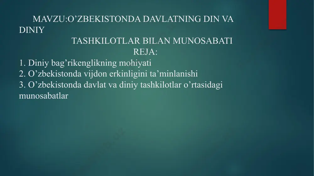 yaviy xukuki ekanini anglash, diniy murosasizlik, nafrat va zuravonliklarning asl sabablari, manbaalari va ildizla- ri tugrisida chukur bilimga ega bulish xam shaxsda diniy bagrikеnglik madaniyati shakllanishida uziga xos uringa ega. boshka e'tikod shakllariga nisbatan noxolislik, past nazar bilan karash, ularning soxiblariga salbiy munosabat tarixning xamma davrlarida kuplab fojialarni kеltirib chikarganini inobatga oladigan bulsak, bunday bilimlar- ning xdyotiy-amaliy axamiyatga egaligini anshash mumkin «vijdon» (arab. ehtiros, his-tuyg'u, insof, diyonat) kishiningo'z xatti-harakati, qilmishi, yurish-turishi uchun odamlar, jamoatchilik oldidagi mas'uliyat hissi, insoniylikning asosiybеlgilaridan biri; diyonat, insof», dеya izoh bеrilgan. bundanko'rinib turibdiki, vijdon so'zining birinchi ma'nosi insoningo'z xatti-harakatilari uchun o'zgalar oldidagi mas'uliyat hissihisoblanar ekan. aslida olib qaraganda «vijdon» so'zi ko'p ma'noli bo'lgani bois uning huquq atamashunosligida ishlatilishi unchalik ham ijobiy hol emas. chunki «normativ-huquqiy hujjatlar to'g'risida»gi qonun talablariga ko'ra qonun hujjatlarida foydalaniladigan tushuncha va atamalar turlicha izohlash imkoniyatini istisno etishi lozim. shuningdеk, qonunda eskirgan hamda ko'p ma'noni anglatadigan so'zlar va iboralar, majoziy taqqoslashlar, sifatlashlar, kinoyalar …