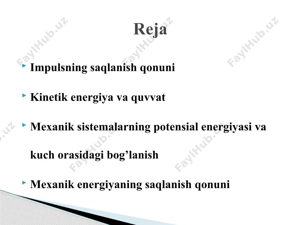 vektoriga skalyar ko’paytmasiga teng. kinetik energiya va quvvat kinetik energiya va quvvat mexanik sistemalarning potensial energiyasi va kuch orasiagi bog’lanish modomiki ekan, u holda bu yerdan gamilton operatori yoki nabla operatori deb ataluvchi simvolik vektorni bildiradi potensial energiyaga misollar h balandlikdagi m massali jismning potensial energiyasi. elastik deformatsiyalanuvchi jism potensial energiyasi mexanik sistemalarning potensial energiyasi va kuch orasiagi bog’lanish sistemaning to’la mexanik energiyasi – mexanik harakat va o’zaro ta’sir energiyasi – kinetik va potensial energiyaning yig’indisiga teng. energiyaning saqlanish qonuni: o’zaro faqat konservativ kuchlar bilan ta’sirlashadigan jismlar sistemasining to’la mexanik energiyasi saqlanadi, ya’ni vaqt o’tishi bilan o’zgarmaydi. energiyaning saqlanish qonuni tabiatning fundamental qonunidir. u vaqtning bir jinsliligi natijasi hisoblanadi – ya’ni vaqt sanoq boshini tanlashga nisbatan fizik qonunlarning invariantligi. konservativ sistemalarda to’la mexanik energiya o’zgarmay qoladi. faqat kinetik energiyani potensial energiyaga va aksincha ekvivalent miqdorda aylanishlari sodir bo’lishi mumkin. mexanik energiyaning saqlanish qonuni e’tiboringiz uchun rahmat image1.jpeg image2.wmf image3.wmf image4.wmf …