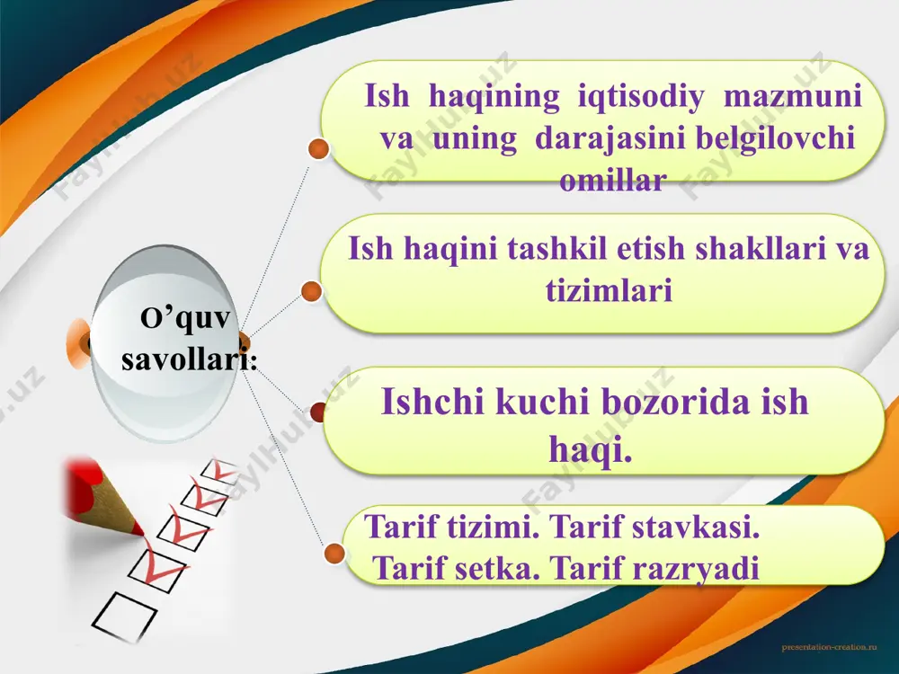 jasi har bir firma yoki korhonada ishlab chiqarishning erishgan darajasi bilan, yani ishlab chiqarilgan va sotilgan mahsulot hajmi va bir ishchiga to`gri kelgan miqdori bilan bogliq boqladi. minimal ish haqi va bandlik minimal ish haqi minimal ish [aqi o`rnatilmaganda ishchilarning bandlik darajasi va ish haqi muvozanat holat (e nuqta) orqali aniqlanadi. muvozanat holatda ish bilan le ishchi band bo`ladi va u we miqtorda ish haqi oladi. minimal ish haqni muvozanat ish haqidan yuqori qilib belgilanishi wmin > we, ish bilan band bo`lgan ishchilar sonini lm gacha qisqartiradi (nima uchun deganda, firma bu narhda kamroq ishchi yo`llaydi). h nuqta norasmiy mehnat dozorini ifodalaydi, w norasmiy bozordagi ish haqi. e`tiboringiz uchun rahmat! image1.jpg image4.jpeg image5.png image3.jpg image6.jpeg image7.jpeg image8.png image9.jpeg image10.jpeg image11.jpeg image12.jpeg image13.jpeg image14.jpeg image15.jpeg image16.jpeg image17.jpeg image18.jpeg image19.jpeg image20.jpeg image21.png image22.jpeg image23.jpeg image24.jpeg image25.jpeg image26.jpeg image27.jpeg image28.jpeg image29.jpeg image30.jpeg image31.jpeg image32.jpeg image33.jpeg image34.png image35.png image2.png /docprops/thumbnail.jpeg