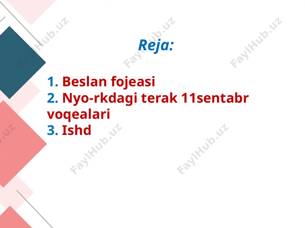 alarning fikricha, beslan fojeasini uyushtirganlar hali ham tirik va ular hali-hamon yana bir yovuzlikka tayyorlanmoqda. garovga olishni uyushtirganlarning rahbarlari topilishi va ular ham jazoga tortilishi kerak. 11 sentabr insoniyat tarixidagi eng katta terakt. 2001 yilda "al-qoida" terrorchilik tashkiloti tomonidan tashkil qilingan 2001 yil 11 sentyabrda nyu-yorkda sodir bo'lgan terroristik hujumlar terakt oqibatida 3000 kishi qurbon bo‘ldi va 6000 kishi yaralandi. barcha terrorchilarning kimligi aniqlandi: misr, saudiya arabistoni, birlashgan arab amirliklari va livan fuqarolari. ular "al-qoida" terroristik tashkilotiga aloqador bo'lgan, qonuniy ravishda qo'shma shtatlarda joylashgan va ulardan ba'zilari amerika parvoz maktablarida o'qitilgan. ishid bugun butun dunyoga xavf solayotgan, din niqobi ostida turli xunrezliklarni amalga oshirayotgan ishidning soxta iddaolariyu g‘alamisliklari, aslida, ular ayrim kuchlarning “qonli qo‘li” ekanligini ko‘pchilik yaxshi biladi. zero, ularning dahshatli qirg‘inlari, vayronkorlik ruhidagi qarashlarini ommaviy axborot vositalari orqali kuzatib borayapmiz. biroq oramizda anglab-anglamay, jahoniy va’dalarga ishonib, ularning safiga qo‘shilayotgan yoshlar ham uchrab turibdi. ishidning qanday faoliyat yuritishi haqida juda …