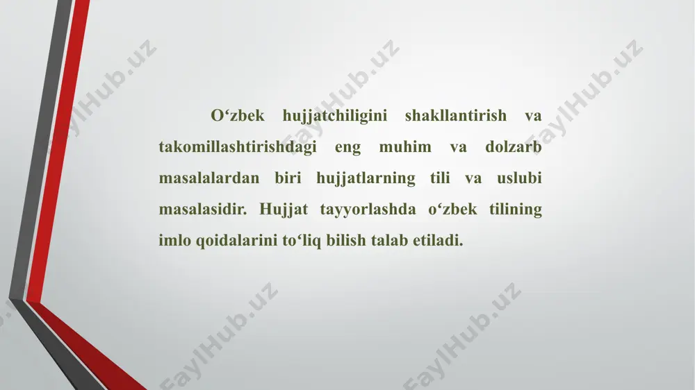 mat yozishmalari (barcha turdagi xatlar, diplomatik va tijorat yozishmalari, taklifnoma telegramma, telefonogramma, faks) xizmat xatlarining yozilish uslubiga toʻxtalib oʻtamiz: barcha xizmat xatlari rasmiy yozishma boʻlgani uchun maxsus bosma ish qogʻozlariga yoziladi. oddiy qogʻozga yozilgan taqdirda chap tomonining yuqori burchagiga muassasa nomi koʻrsatilgan toʻrtburchak muhr qoʻyilishi lozim. xizmat xatlari ikki nusxada yoziladi va imzolanadi. lavozimi aniq koʻrsatilgan rahbar tomonidan imzolangan xatning 1-nusxasi joʻnatilib, 2-si muassasada qoladi. rasmiy xat matnini yozishda quyidagilarga e’tibor berish lozim: xat qisqa boʻlishi, qoidaga koʻra bir betdan oshmasligi kerak matnda koʻchma ma’noli soʻz va iboralar ishlatilmasligi zarur matn sarlavhasi ikki qatordan oshmasligi kerak matnda xizmat xatining turi, nomi yozilmaydi gapning kesimi 3-shaxs birlik yoki 1-shaxs koʻplik sonda shakllantirilishi lozim muayyan muassasa, tashkilot oldida turgan asosiy va kundalik vazifalarni hal qilish maqsadida buyruq, farmoyish, koʻrsatma kabi farmoyish hujjatlari tayyorlanadi. buyruq ko‘rsatma farmoyish buyruq matni muassasa blankasida yozilib, asoslovchi va farmoyish qismlardan tashkil topadi. asoslovchi qismda buyruqdan maqsad va …