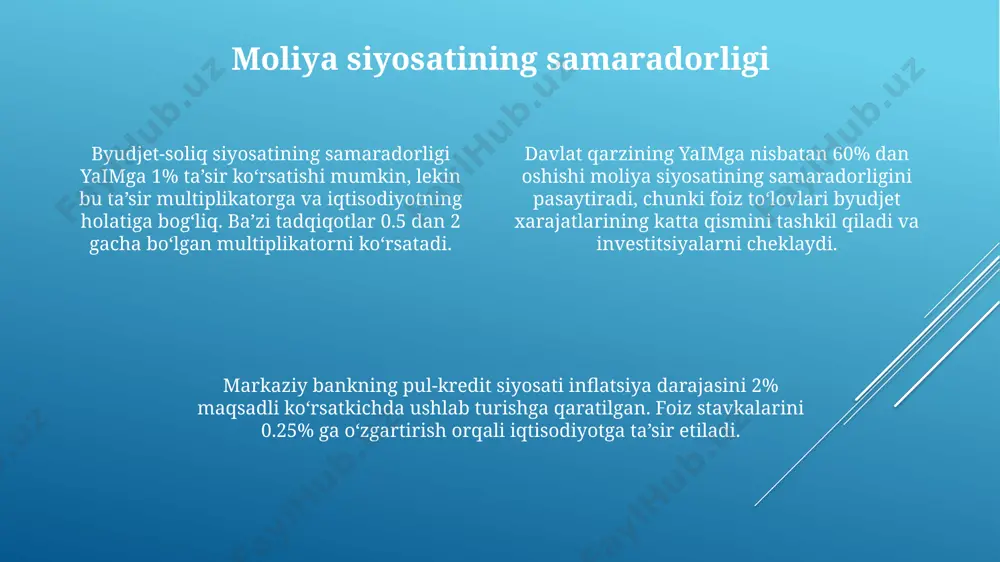 o'sishni rag'batlantirish, inflatsiyani nazorat qilish va bandlikni ta'minlash uchun o'zgartirish strategiyasidir, bunda ko'pincha 2-3 yillik maqsadlar belgilanadi. fiskal siyosatning asosiy vositalari soliq stavkalari (masalan, qqs 15%) va davlat xarajatlari (masalan, ta'limga yo'naltirilgan 10 milliard so'mlik investitsiya) bo'lib, davlat byudjeti defitsiti yoki profitsitiga ta'sir ko'rsatadi. fiskal siyosat e'tiboringiz uchun rahmat @taqdimot_robot