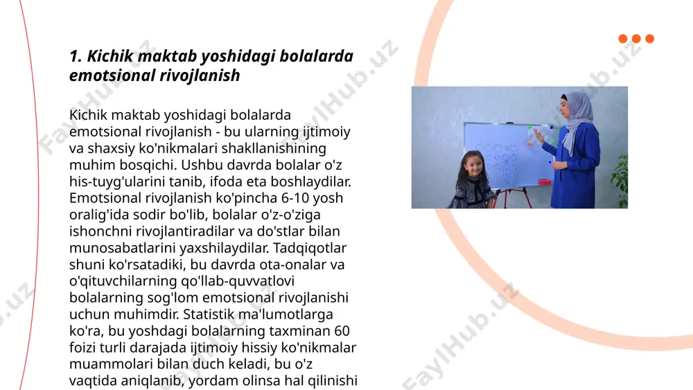 yalar va dasturlarni amalga oshirishi mumkin. statistik ma'lumotlarga ko‘ra, motivatsiya darajasi yuqori bo‘lgan bolalar bilim olish jarayonida ko‘proq uquvchan bo‘ladi va bu ularning kelajakdagi ta'lim muvaffaqiyatlariga samarali ta'sir qiladi. ... t.me/slaydai_bot oila va kichik maktab yoshidagi bolalar psixologiyasi mavzusida bolalarning rivojlanishi va tarbiyasiga oid turli ma'lumotlar mavjud. yosh davri, 6 dan 10 yoshgacha bo'lgan bolalar psixologiyasi o'sish va o'rganish davri hisoblanadi. ular maktabga moslashish, ijtimoiy ko'nikmalarni shakllantirish va bilimlarni egallashda sezilarli o'zgarishlarni boshdan kechiradilar. ushbu davrda ota-onalar va o'qituvchilar o'rtasida samarali muloqot va qo'llab-quvvatlash juda muhimdir. tadqiqotlar shuni ko'rsatadiki, dangasalik ko'rsatadigan bolalar odatda 20-30% pastroq o'rganish ko'rsatkichlariga ega bo'lishadi. shu bilan birga, bu davrda bolalar uchun kuniga 9-11 soat uyqu muhimdir. ... t.me/slaydai_bot 7. do'stlik va kichik maktab yoshlari do'stlik va kichik maktab yoshlari o'rtasida ijtimoiy rivojlanishning muhim qismi hisoblanadi. shu yoshdagi bolalar uchun kuchli do'stlik rishtalari ularning hissiy va ijtimoiy ko'nikmalarini mustahkamlaydi. ular o'z his-tuyg'ularini boshqarishni, nizolarni hal qilishni …