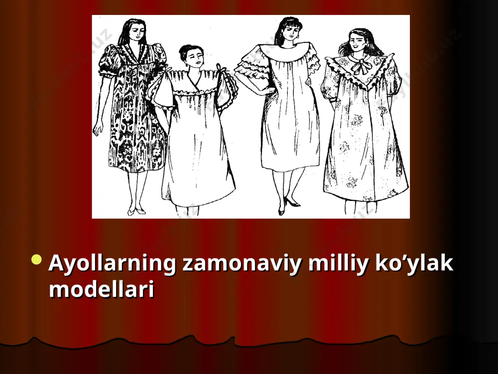 og’oz, sm. lenta. koketka barlarining bir-birining ustiga o’tish kattaligi 2,53,0 sm ga teng. 9. model eskiziga qarab bo’yin o’mizi modellanadi. yoqa o’mizi yoqali yoki turli o’yiqli qilib loyihalanadi. chizg’ich, qalam, qog’oz, sm. lenta.7-rasm. model bo’yicha yoqa loyihalash uchun yoqa konstruktsiyasi chiziladi. koketka yoqasiz bo’lgan holda, yoqa o’mizi chizig’i o’rni aniqlanadi va chiziladi. (7-rasmdagi a, v, g variantlar).10.yoqa chizmasini chizish. chizg’ich, qalam, qog’oz, sm. lenta.eskiz bo’yicha yoqa berilsa, yoqa konstruktsiyasi darslik yoki qo’llanma bo’yicha mavjud usullar vositasida chiziladi. yoqa o’lchovlari ko’ylak bo’yin o’mizi o’lchovlari bilan muvofiqlashtiriladi. 4-rasmdagi hisoblarga qaralsin. «milliy ko’ylak va lozim andozalarini tayyorlash» bo’yicha texnologik xarita texnologiya asosida faoliyat turlari tavsiya etiladigan moslama va uskunalarchizma standart asosida operatsiyani bajarish tartibiiiiiiiiv1. ko’ylak va lozim texnik chizmasini (old va ort tomondan ko’rinishini) chizish. qalam, qog’oz, jurnal. 3-rasm. ko’ylak tashqi ko’rinishi chizib olinadi. 2. ko’ylak tashqi ko’rinishiga yozma tavsif berish. qalam, qog’oz, jurnal. misolga qaralsin. 3. ko’ylak asosi konstruktsiyasini tayyorlash. qalam, qog’oz, …