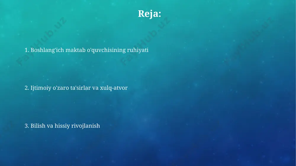 arini shakllantiradilar. o'ziga xoslikni shakllantirish o'z-o'zini anglashning rivojlanishi 7-9 yoshda boshlanib, bolalar o'zlarining 10 dan ortiq qobiliyat va xususiyatlarini tushunib yetishiga olib keladi. shaxsiy identifikatorlar, masalan, ism, jins, yosh, 6-8 yoshda o'ziga xoslikning muhim qismi bo'lib, bolaning o'zini "men" deb his qilishiga ta'sir qiladi. sog'lom psixikani qo'llab-quvvatlash sog'lom psixikani qo'llab-quvvatlash maktabda o'zaro hurmat muhitini yaratish va bullying holatlariga 0 tolerantlik siyosatini qo'llash, bolalarning psixologik xavfsizligini ta'minlashning 3-muhim omilidir. e'tiboringiz uchun rahmat @taqdimot_robot image3.png image4.jpg image5.jpg image6.jpg image7.jpg image8.jpg image9.jpg image10.jpg