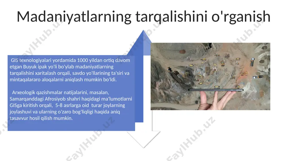 akkab relyeflarning aniq 3d modellarini yaratish imkonini berdi. misr piramidalarining 3d modellari va vizualizatsiyasi, taxminan 2500 yil avvalgi inshootlarning ichki tuzilmalarini o'rganish va ularning qurilishi jarayonlarini qayta tiklash imkoniyatini beradi. muqaddas joylarni tahlil qilish termizdagi qadimiy qal'a devorlarining 10 metrli qismi yuqori aniqlikdagi lidar skanerlash orqali 3d modellashtirilgan va gis yordamida devorlarning qurilishi texnologiyasi va 500 dan ortiq qurilish materiali namunalarining joylashuvi tahlil qilingan. vii-viii asrlarda buxoro yaqinidagi qadimiy shahar xarobalari gis texnologiyalari yordamida 3d modellashtirilgan bo'lib, 1000 dan ortiq binoning joylashuvi aniqlangan va shaharning ijtimoiy tuzilmasi haqida ma'lumot berilgan. dastlabki gis tizimlari 1970-yillarda, aqshning kaliforniya shtatidagi "harvard universiteti"da ishlab chiqilgan "map" dasturiy ta'minoti dastlabki rasterli gis tizimlaridan biri bo'lib, geografik ma'lumotlarni raqamlashtirish va tahlil qilishda muhim rol o'ynagan. dastlabki gis tizimlari, 1960-yillarning oxirida kanada davlat geodeziya va kartografiya idorasi tomonidan yaratilgan "kanada yer resurslari inventarizatsiyasi" loyihasi doirasida, 200 dan ortiq kompyuterlarni birlashtirib ishga tushirilgan. gisning kelib chiqishi 1970-yillarda aqshning …