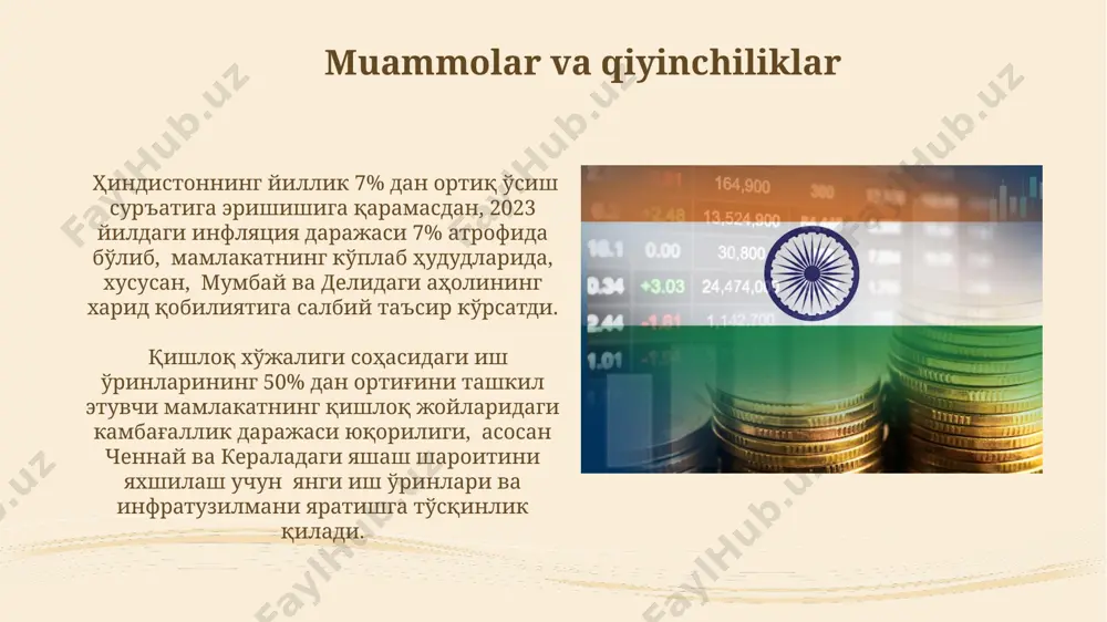 ssa qo'shdi va gujarat shtatida ko'proq seziladi. hindistonning yalpi ichki mahsuloti (yaim) 2022-yilda 7% dan oshdi, bu global iqtisodiy sekinlashuv fonida sezilarli o'sish sur'atini ko'rsatadi va mamlakatning iqtisodiy mustahkamligini ta'kidlaydi. e'tiboringiz uchun rahmat @taqdimot_robot image2.jpg image3.jpg image4.jpg image5.jpg image6.jpg image7.jpg image8.jpg image9.jpg image10.jpg image11.jpg image12.jpg image13.jpg image14.jpg image15.jpg image16.jpg image17.jpg image18.jpg
