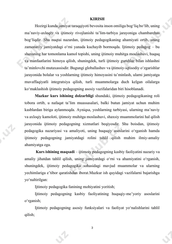 mukammal tushunish yosh avlodning ijtimoiy himoyasini ta’minlash, ularning sog‘lom rivojlanishiga sharoit yaratish uchun muhim omildir. shu bois, mazkur kurs ishi ijtimoiy pedagogikaning nazariy va amaliy jihatlarini o‘rganish, bu sohada uchraydigan muammolar va ularning yechimlarini tavsiya etishda muhim ahamiyat kasb etadi. i bob. ijtimoiy pedagogning kasbiy faoliyatining nazariy asoslari 1.1. ijtimoiy pedagogika fanining mohiyati va vazifalari ijtimoiy pedagogika — bu jamiyatdagi ijtimoiy masalalarni hal qilish, shuningdek, individning ijtimoiy hayotga moslashishini, uning ma'naviy va axloqiy rivojlanishini ta'minlashga qaratilgan ilmiy va amaliy faoliyatdir. bu soha ta'lim, psixologiya, sotsiologiya va ijtimoiy ish kabi fanlar bilan chambarchas bog'liq bo'lib, insonning shaxs sifatida ijtimoiylashish jarayonlarini o'rganadi. ijtimoiy pedagogikaning asosiy maqsadi — jamiyatning turli qatlamlari, ayniqsa, zaif va himoyasiz guruhlarga yordam berish, ularga ijtimoiy integratsiya, ma'naviy-axloqiy, ruhiy va jismoniy rivojlanish yo'lida yordam ko'rsatishdir. ijtimoiy pedagogikaning quyidagi asosiy vazifalari mavjud: sotsializatsiya: sotsializatsiya — bu individning jamiyatga moslashish jarayoni bo'lib, u orqali shaxs jamiyatning axloqiy, ijtimoiy va madaniy qadriyatlarini …