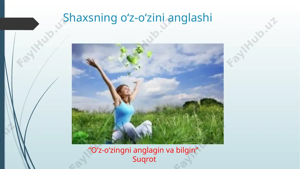 an. birinchi yondashuvning namoyondalari talqinida o‘z–o‘zini anglash: l.s. vigotskiyning shaxsiy fikricha, o‘z–o‘zini anglash turli xil ma’nolar orasida birlikni (umumiylikni) vujudga keltiruvchi jarayon sifatida va o‘zlashtirilgan ong tariqasida namoyon bo‘ladi. a.n. leontev talqiniga qaraganda, individual ongdagi mohiyat bilan mazmun o‘rtasidagi ziddiyat o‘zini – o‘zi anglashning sababchisidir shaxsning o'zini anglashga yordam beradigan yo'llarni quyida keltiramiz: 1. o'zingiz haqingizdagi fikrlar, istaklar va afzalliklar haqida o'ylab ko'ring. hayotda sizga qanday narsalardan xursand bo'lishingizni tushunishga intilishishingiz mumkin. 2. o'zingizning muvaffaqiyatlaringiz, qobiliyatlaringiz , bu sizga oʻzingiz uchun bir qaror oladigan va o'z o'rindangizni topishda yordam beradigan bir qator ma'lumotlar beradi. 3.o'zingizni anglashning bir qismi yangi bilimlarni o'rganishda yashaydi. yangi sohalarga qiziqishingizni kuchaytirish, kitoblar, darslar, onlayn resurslar yoki kurslarga qiziqishingizni boshlang. 4. shaxsning o'zini anglash, o'z intiroyizni rivojlantirish bilan bog'liq. o'zingizni yaxshi ko'rsatish, ozishingizni mejlislarni boshlaganida yaxshi tarzda konversiyaga qo'yish, togrilik va unvonchilik bilan kitob yoki hujjatlar o'qish, odam a'zolari bilan yaxshi aloqada bo'lish o'z-o'zingizni anglashda katta …