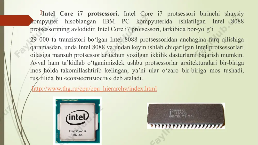 arkibida mavjud bo‘lgan ieee 754 standartiga asoslangan registrlar va buyruqlar to‘plamlariga egadir. intel core i7 buyruqlarining tarkibiga birinchi navbatda kriptografik amallarni bajarish uchun mo‘ljallangan yangi buyruqlar qo‘shilgan. intel core i7 protsessori tarkibida 2-tadan 6-tagacha yadro bo‘lgan holda ishlab chiqarilishi mumkin. unda ham pentium 4 protsessoriga o‘xshab bir nechta apparat oqimlarni bir vaqtda faollashtirib ishlash mumkin bo‘lgan – giperoqimli texnologiyadan foydalanilgan. core i7 protsessorlarida ham uch sathi kesh xotiradan foydalaniladi. ularda ma’lumotlar va buyruqlar uchun mo‘ljallangan alohida-alohida qilib ishlangan, har biri 32 kbayt hajmga ega birinchi sath (l1) kesh xotiralari mavjud. har bir yadro o‘zining 256 kbaytli ikkinchi sath (l2) kesh xotirasiga ega. hajmi 4 mbaytdan 15 mbaytgacha bo‘lishi mumkin uchinchi sath (l3) kesh xotirasidan barcha yadrolar birgalikda foydalanadilar. intel core i7 protsessori tomoning uzunligi 37,5 mm bo‘lgan kvadrat shaklidagi lga korpusiga joylashtirilgan (2-rasm). 2-rasm. intel core i7 protsessorining mikrosxemasi. mikrosxema uning past qismida joylashgan 1155-ta chiqish oyoqchalariga ega. bu oyoqchalarning …