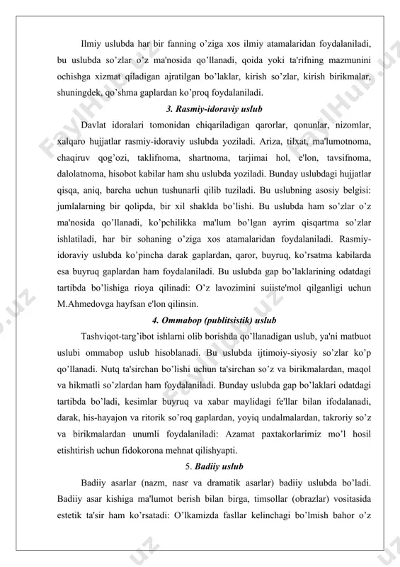 oma, dalolatnoma, hisobot kabilar ham shu uslubda yoziladi. bunday uslubdagi hujjatlar qisqa, aniq, barcha uchun tushunarli qilib tuziladi. bu uslubning asosiy belgisi: jumlalarning bir qolipda, bir xil shaklda bo’lishi. bu uslubda ham so’zlar o’z ma'nosida qo’llanadi, ko’pchilikka ma'lum bo’lgan ayrim qisqartma so’zlar ishlatiladi, har bir sohaning o’ziga xos atamalaridan foydalaniladi. rasmiy-idoraviy uslubda ko’pincha darak gaplardan, qaror, buyruq, ko’rsatma kabilarda esa buyruq gaplardan ham foydalaniladi. bu uslubda gap bo’laklarining odatdagi tartibda bo’lishiga rioya qilinadi: o’z lavozimini suiiste'mol qilganligi uchun m.ahmedovga hayfsan e'lon qilinsin. 4. ommabop (publitsistik) uslub tashviqot-targ’ibot ishlarni olib borishda qo’llanadigan uslub, ya'ni matbuot uslubi ommabop uslub hisoblanadi. bu uslubda ijtimoiy-siyosiy so’zlar ko’p qo’llanadi. nutq ta'sirchan bo’lishi uchun ta'sirchan so’z va birikmalardan, maqol va hikmatli so’zlardan ham foydalaniladi. bunday uslubda gap bo’laklari odatdagi tartibda bo’ladi, kesimlar buyruq va xabar maylidagi fe'llar bilan ifodalanadi, darak, his-hayajon va ritorik so’roq gaplardan, yoyiq undalmalardan, takroriy so’z va birikmalardan unumli foydalaniladi: azamat paxtakorlarimiz mo’l …