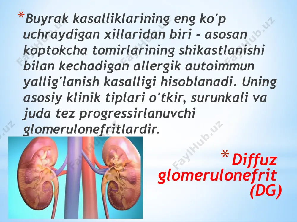 ematuriya (ko'pincha makro-gematuriya) kuzatiladi. u tosh bilan shikastlanish yoki jom ichi bosimining kuchli oshishi natijasida fornikal to'r venalari yorilishi bilan bog'liq bo'lishi mumkin. 60-70% hollarda nefrolitiazda leykotsituriya kuzatiladi, yallig'lanish jarayoni kasallik kechishi va prognozini og'irlashtiradi. diurez o'zgarishi konkrement joylashish joyiga bog'liq bo'ladi: tosh qancha siydik naychasi pastki qismida joylashsa, u shuncha kuchli namoyon bo'ladi. siydik qistashi tosh siydik naychasining intramural qismida joylashganda jiddiy tezlashadi. nefrolitiaz asoratlari: o'tkir va surunkali pielonefrit, gidronefroz, o'be (siydik naychasi okkluziyasida), surunkali pielonefritning terminal bosqichi bilan bog'liq sbe. buyrak yetishmovchiligi buyrakning qonni modda almashinuv mahsulotlaridan tozalay olmasligi va qon plazmasi tarkibi doimiyliginisaqlay olmasligidir. buyrak yetishmovchiligi (be) holati ishlayotgan koptokchalar soni me'yoriga nisbatan 30% dan kam bo'lsa yoki filtrlash tezligi 50 ml/daqiqadan kam bo'lsa, rivojlanadi. be asosiy ko'rsatkichlari buyrak klirensining kamayishi, oliguriya va anuriya, azotemiya, qon elektrolitlar tarkibining (k, na, ca, p, mg) o'zgarishlari, siydik zichligining kamayishidan (gipostenuriya) iborat o'tkir buyrak yetishmovchiligi (o'be buyrakni birdaniga azot ajratish …